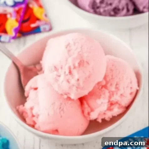 Blush Confections 5 Colorful Kool Aid Ice Cream in a bowl, showcasing its vibrant pink hue.