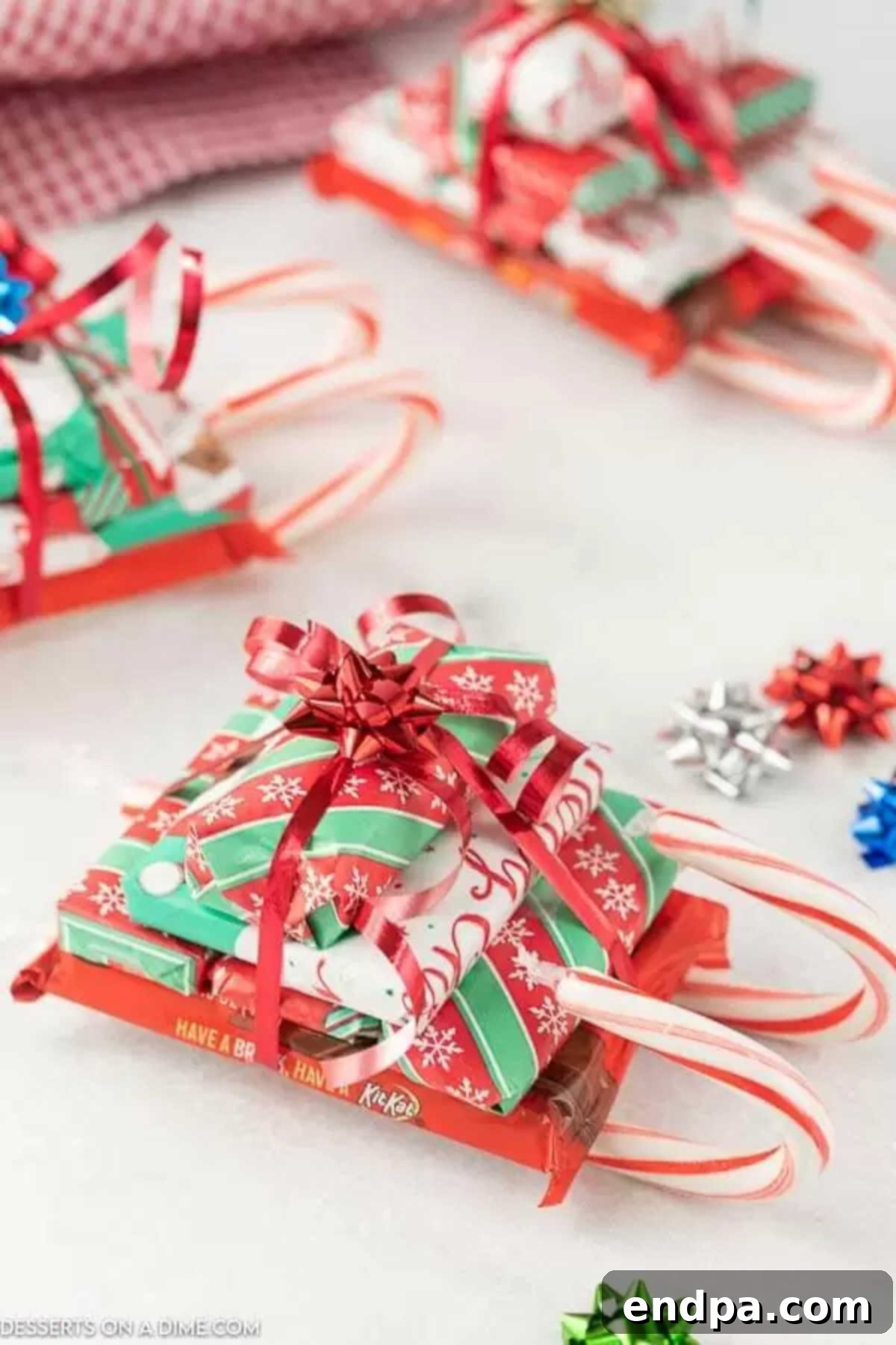 Photo of a completed chocolate candy cane sleigh, ready for gifting.