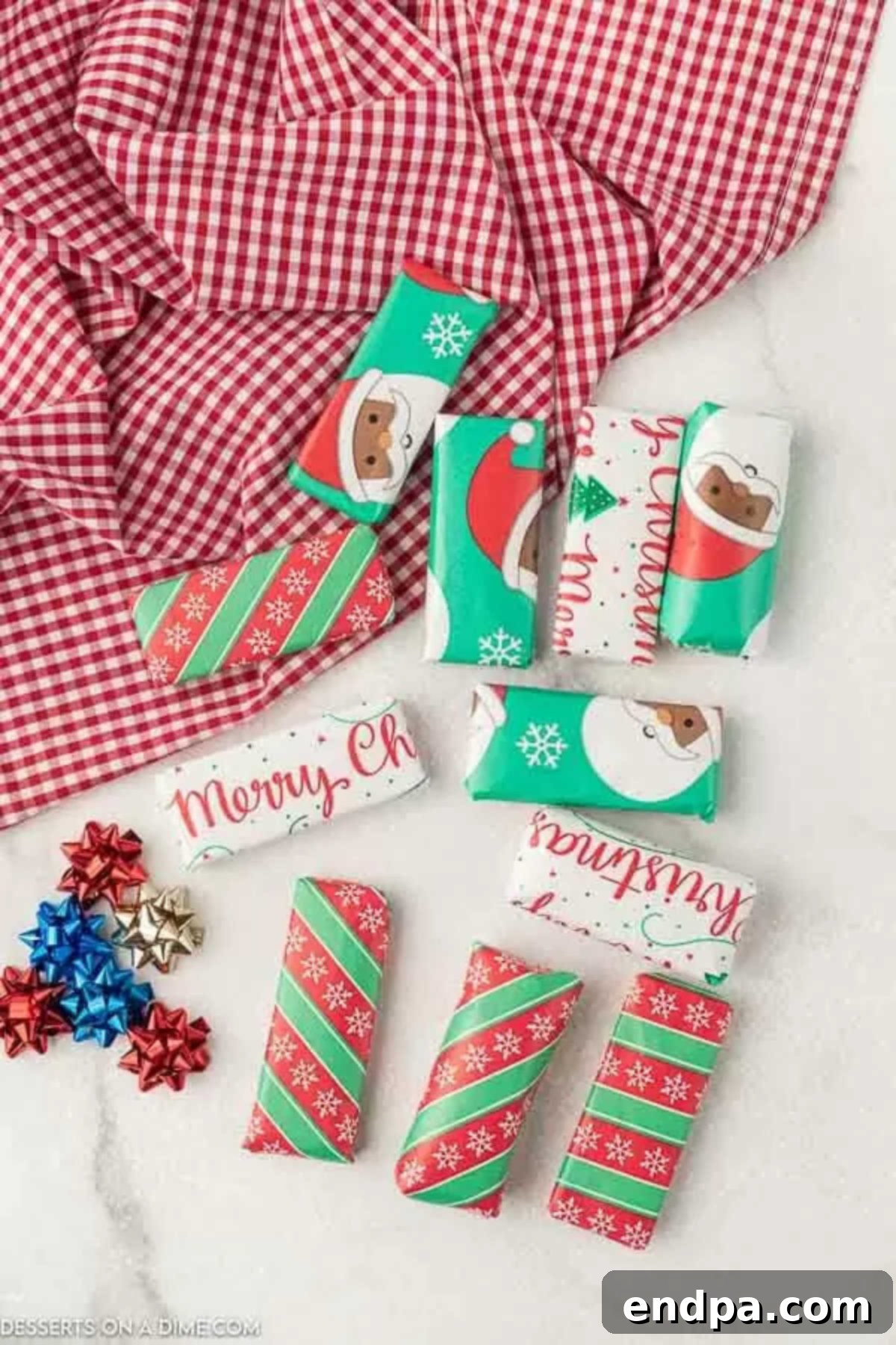 Mini chocolate bars wrapped in festive gift paper.
