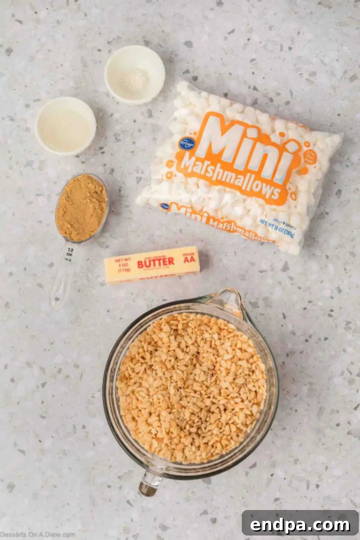 Ingredients for recipe - rice krispie cereal, mini marshmallows,, brown sugar, sea salt, butter.