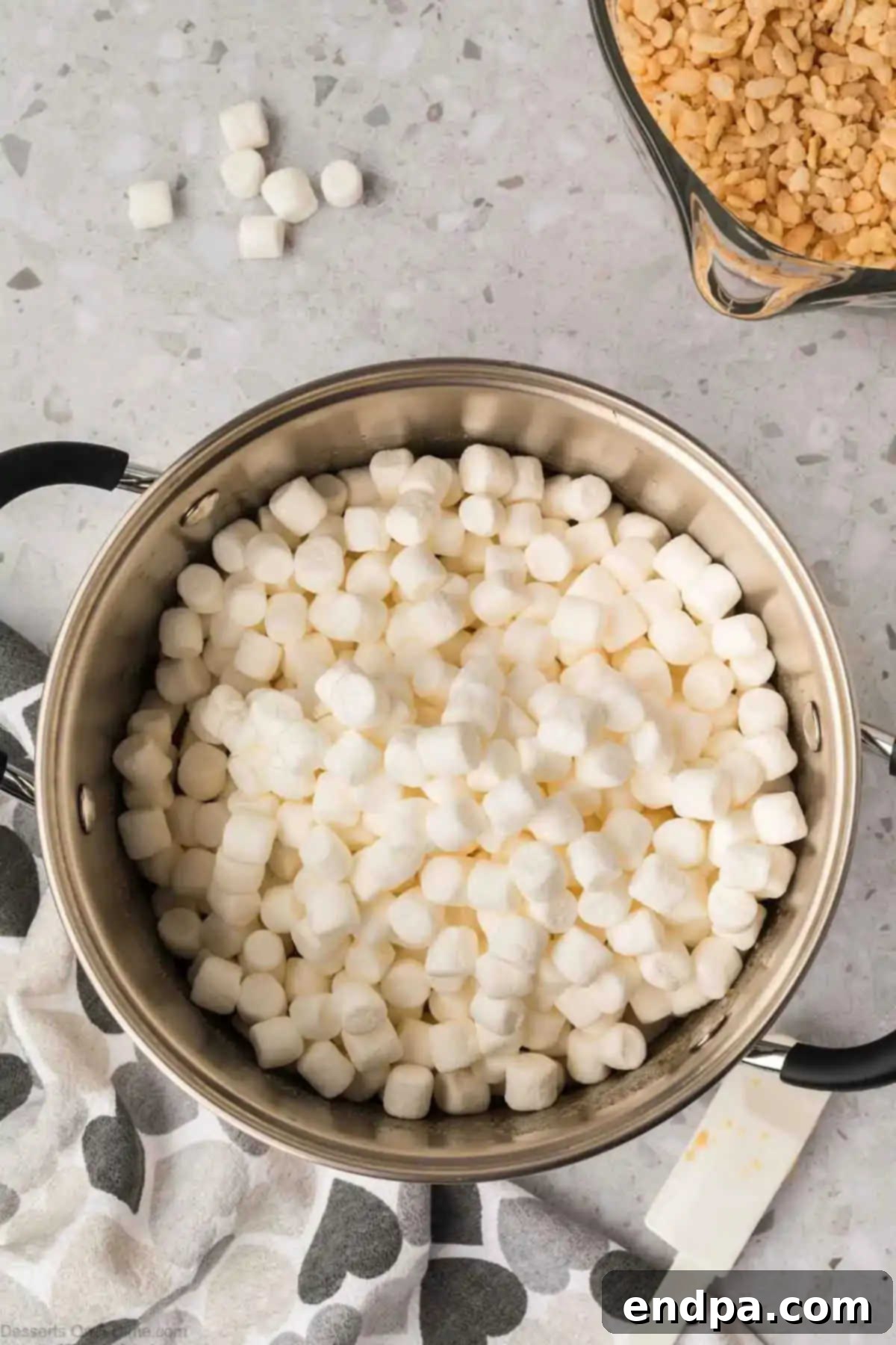 Mini marshmallows in a pan.