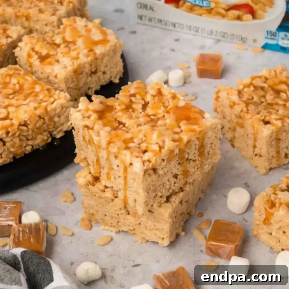Salted Caramel Rice Krispie treats cut into squares.