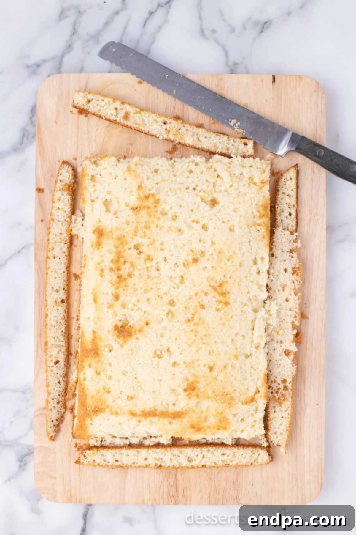 Copycat Starbucks Cake Pops 6 Cake on cutting board with outer brown layer discarded.