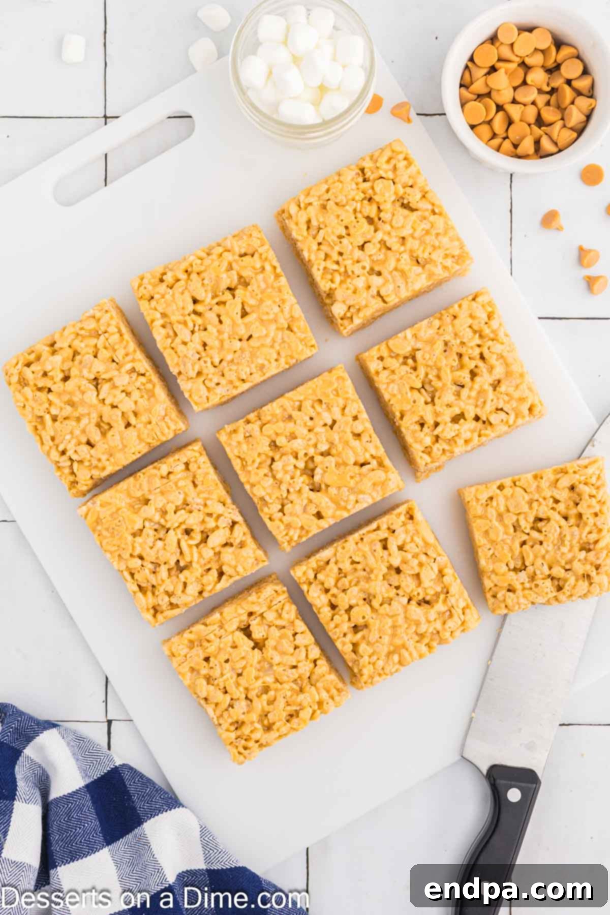 Finished Butterscotch Rice Krispie Treats sliced into individual bars, ready for serving.