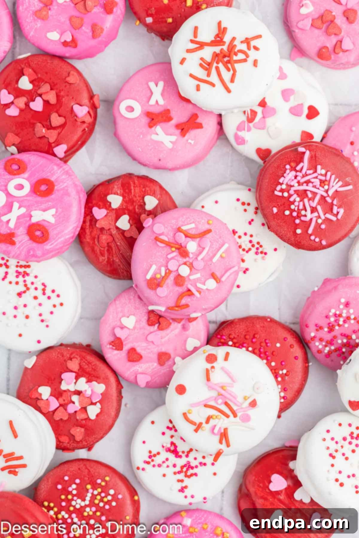 Love-Dipped Chocolate Oreos 2 Valentine's Oreo's arranged together and ready to serve, showcasing their festive sprinkles.