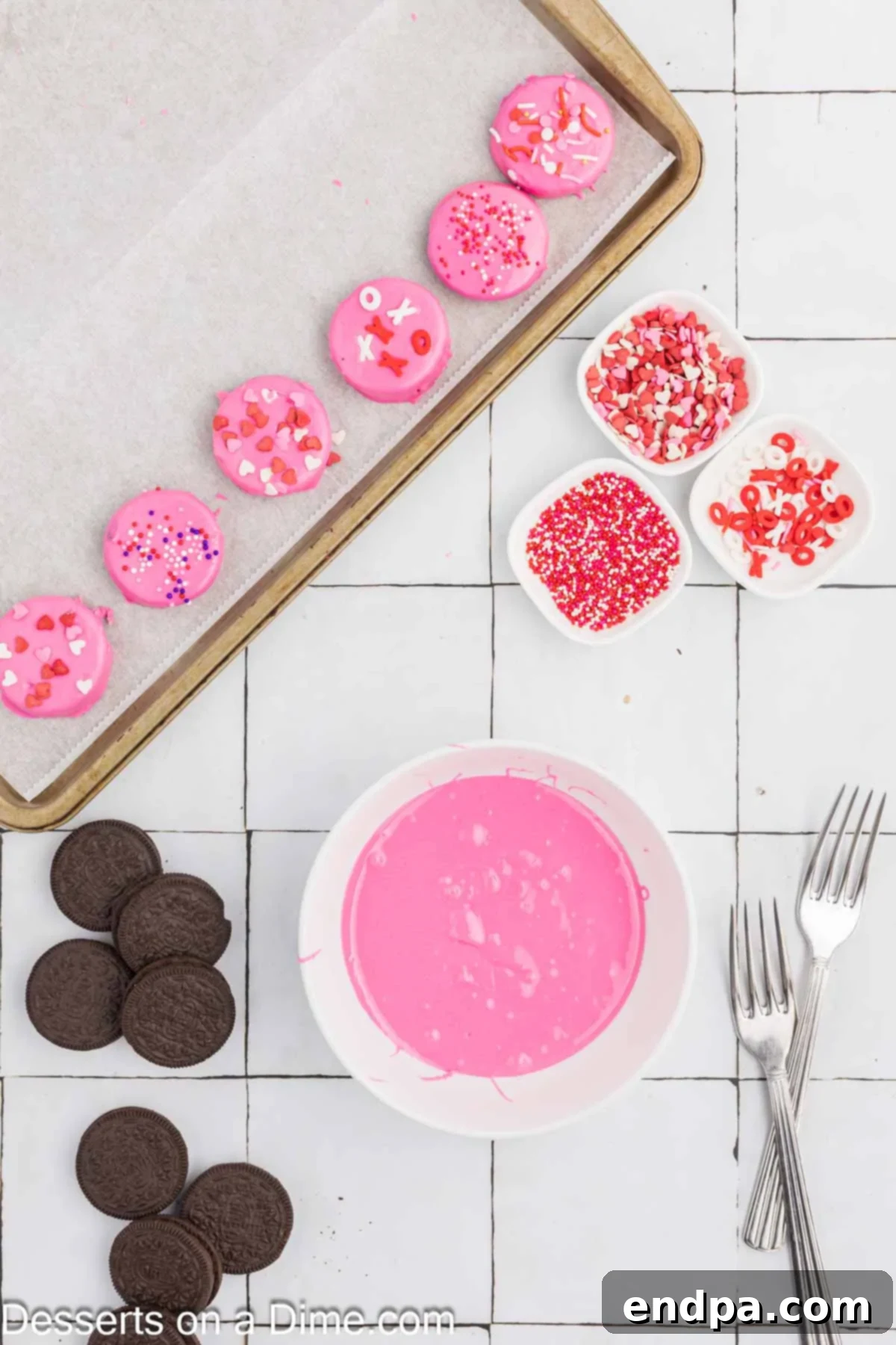 Love-Dipped Chocolate Oreos 4 Melted candy melts in a bowl, ready for dipping.
