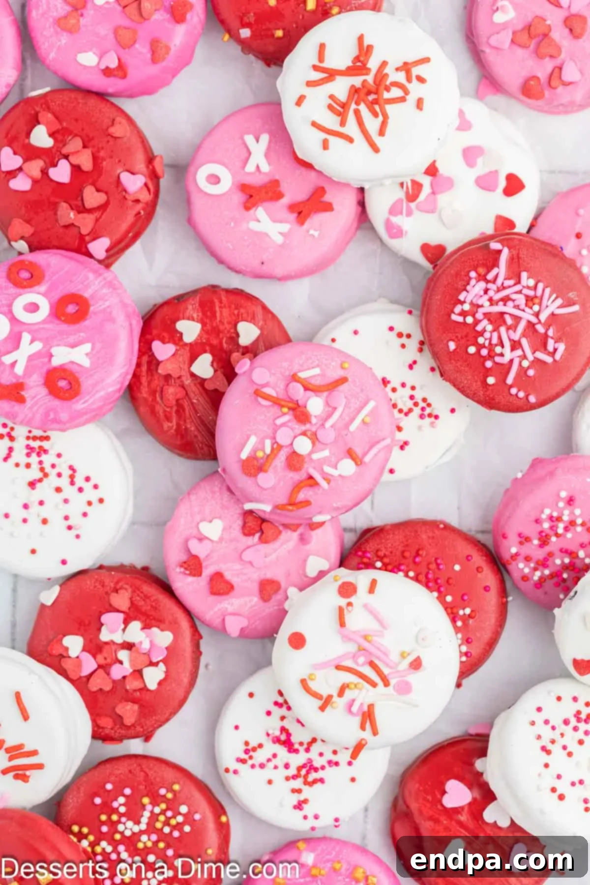 Love-Dipped Chocolate Oreos 7 Finished Valentine's Day Chocolate Covered Oreos arranged together and ready to serve.