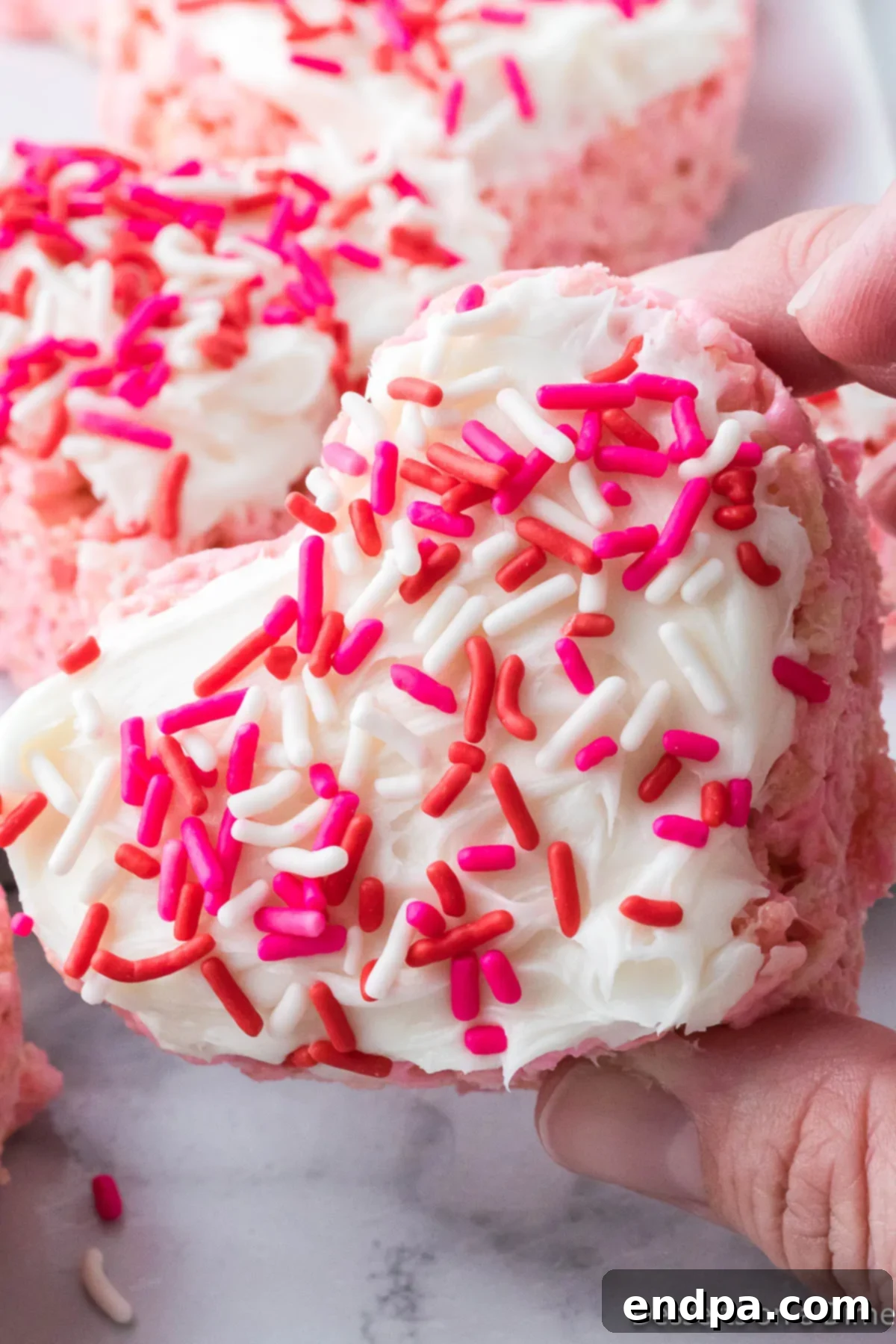 Sweetheart Crispy Treats 10 Valentine Rice Krispie Treats up close. A beautifully detailed shot of a heart-shaped Rice Krispie treat with frosting and sprinkles.