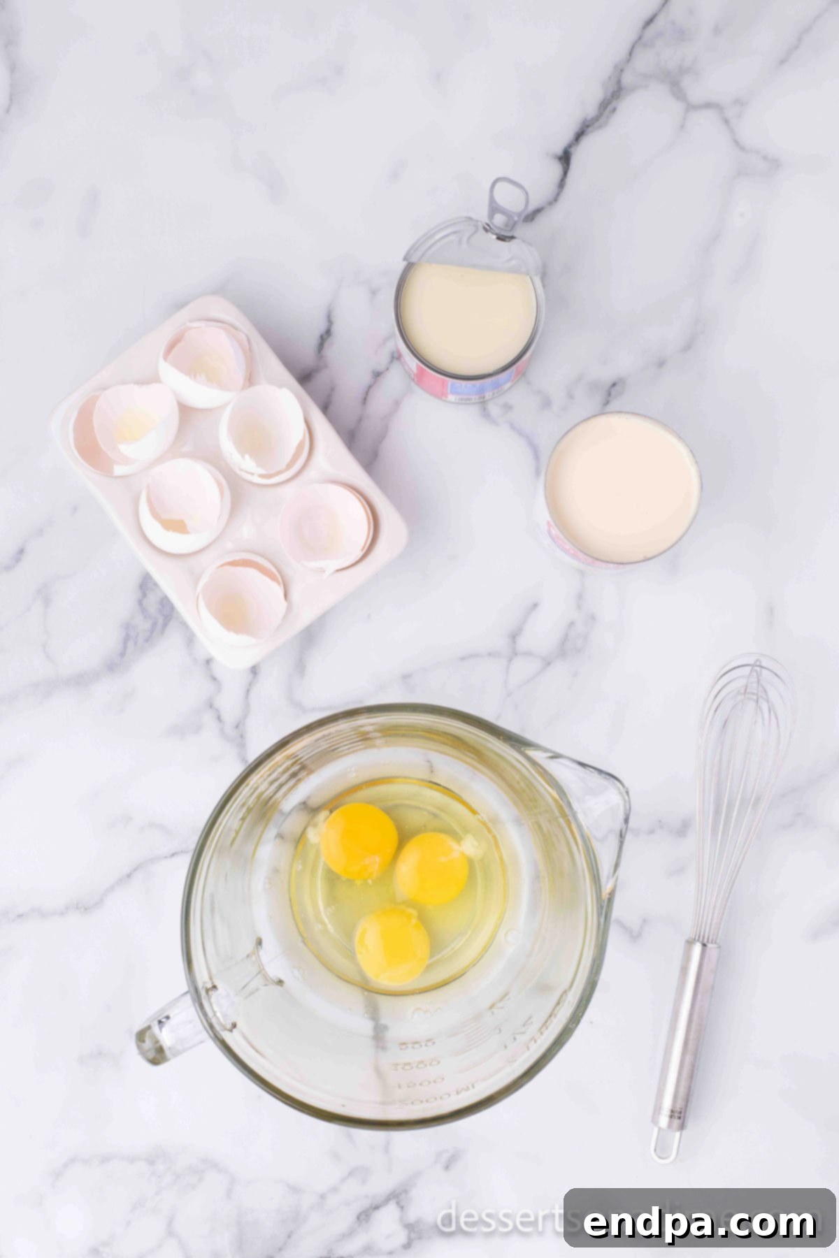 Mixing bowl with eggs for flan.
