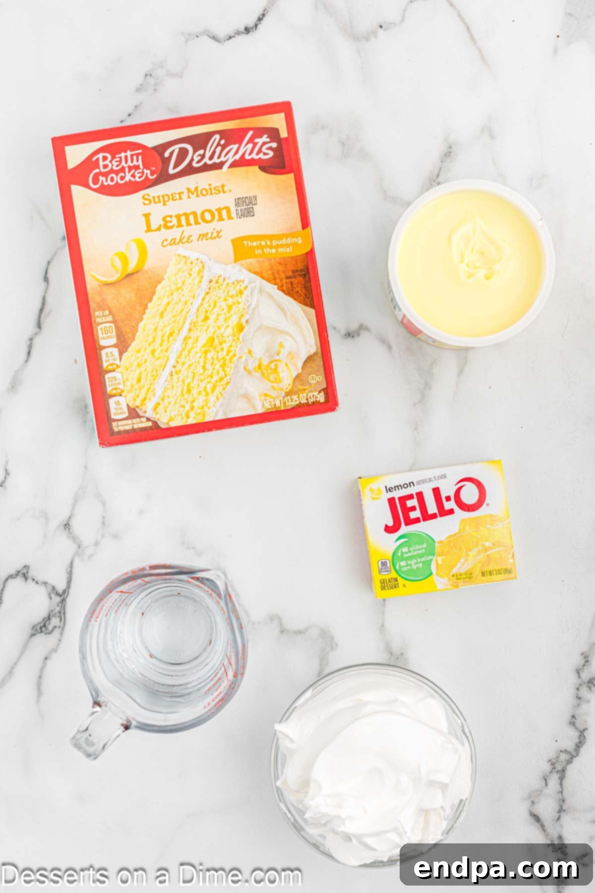 A closer look at the moist interior of a lemon poke cake, showing the lemon jelly filling inside the cake.