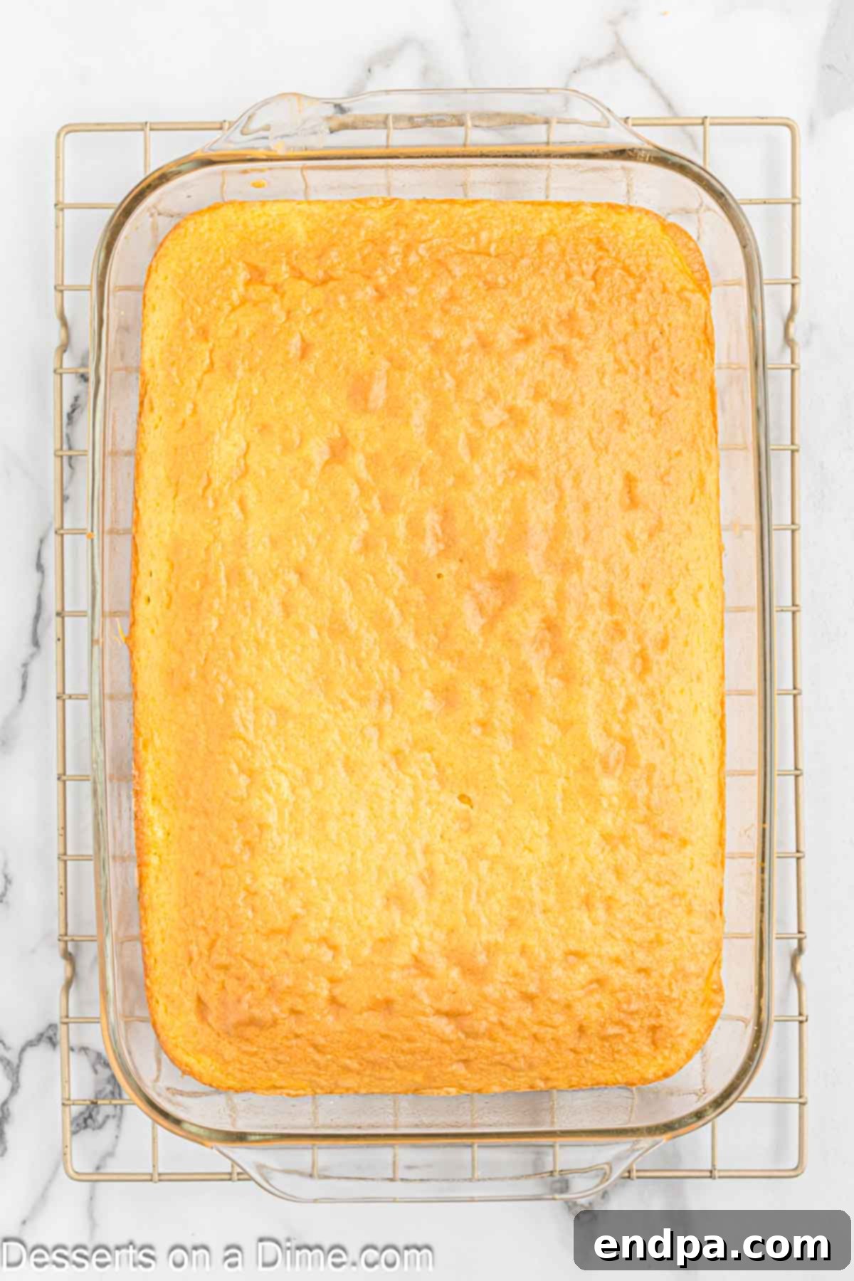 A baked lemon cake in a 9x13 pan, fresh out of the oven.
