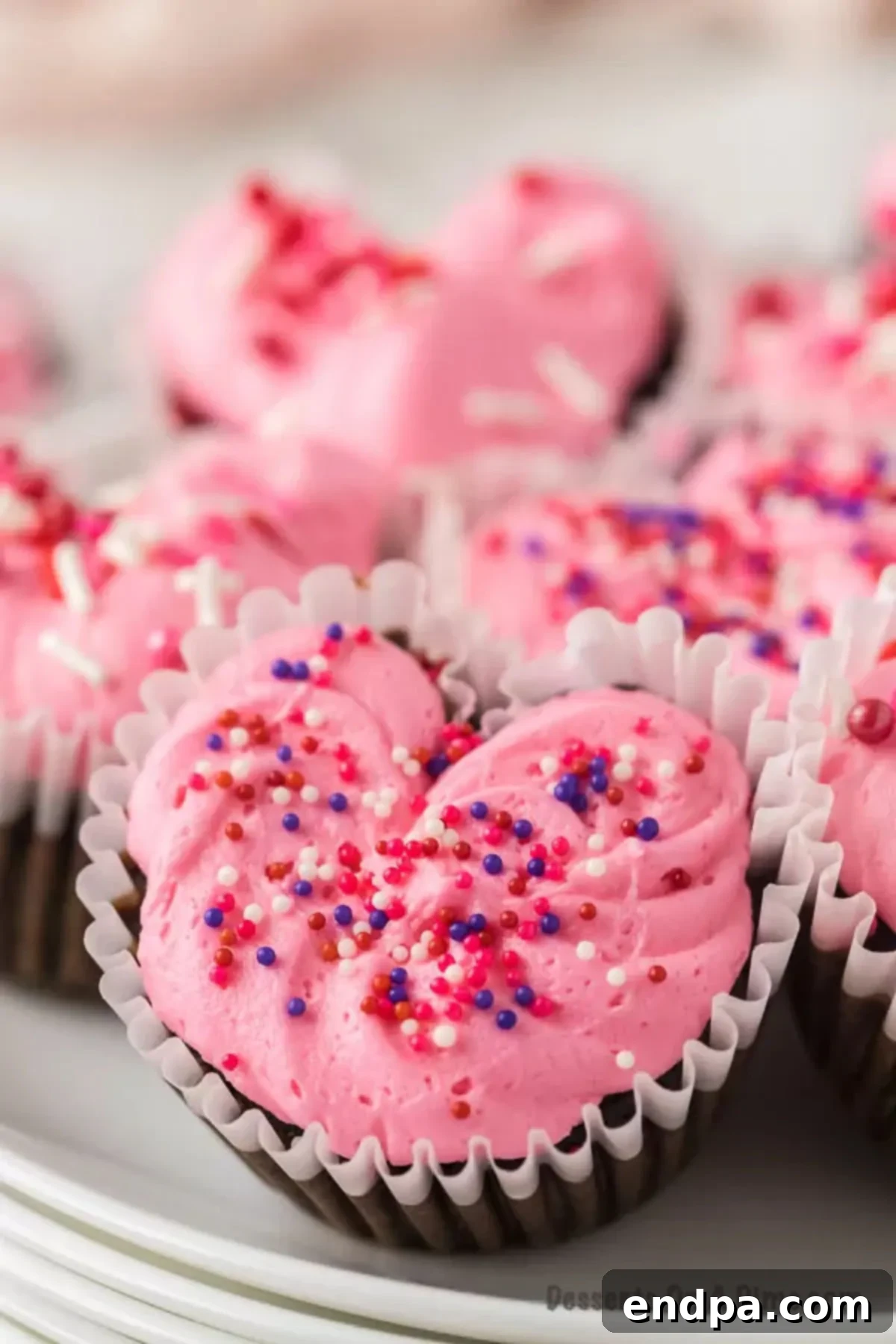 Cupid's Cupcakes 2 Heart cupcakes decorated with pink icing and festive sprinkles, perfect for Valentine's Day.