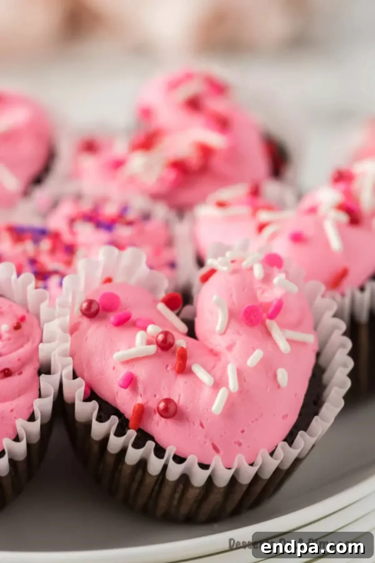 Cupid's Cupcakes 13 Close-up of a chocolate heart cupcake, frosted with pink icing and colorful sprinkles, on a white plate.