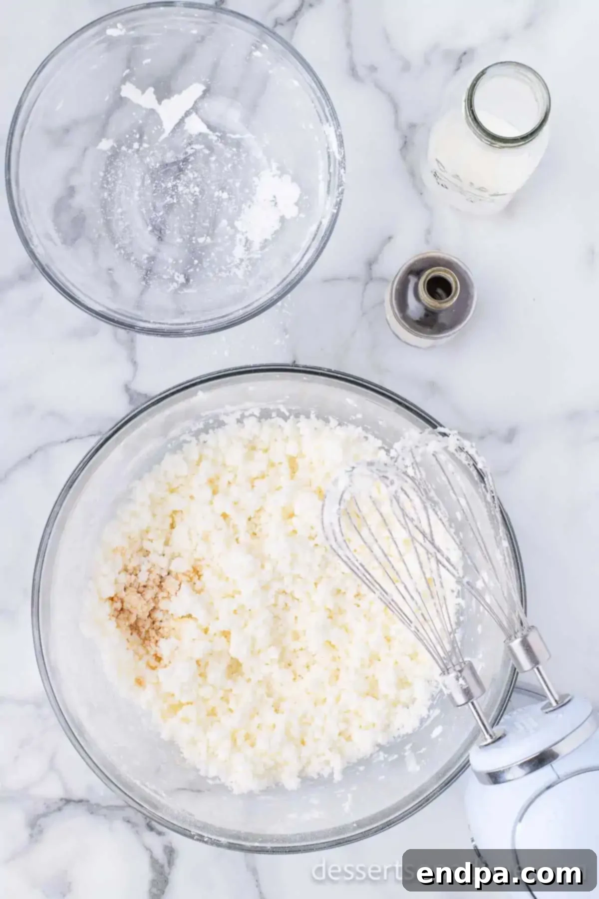 Cupid's Cupcakes 9 Vanilla extract and milk being stirred into the frosting mixture.