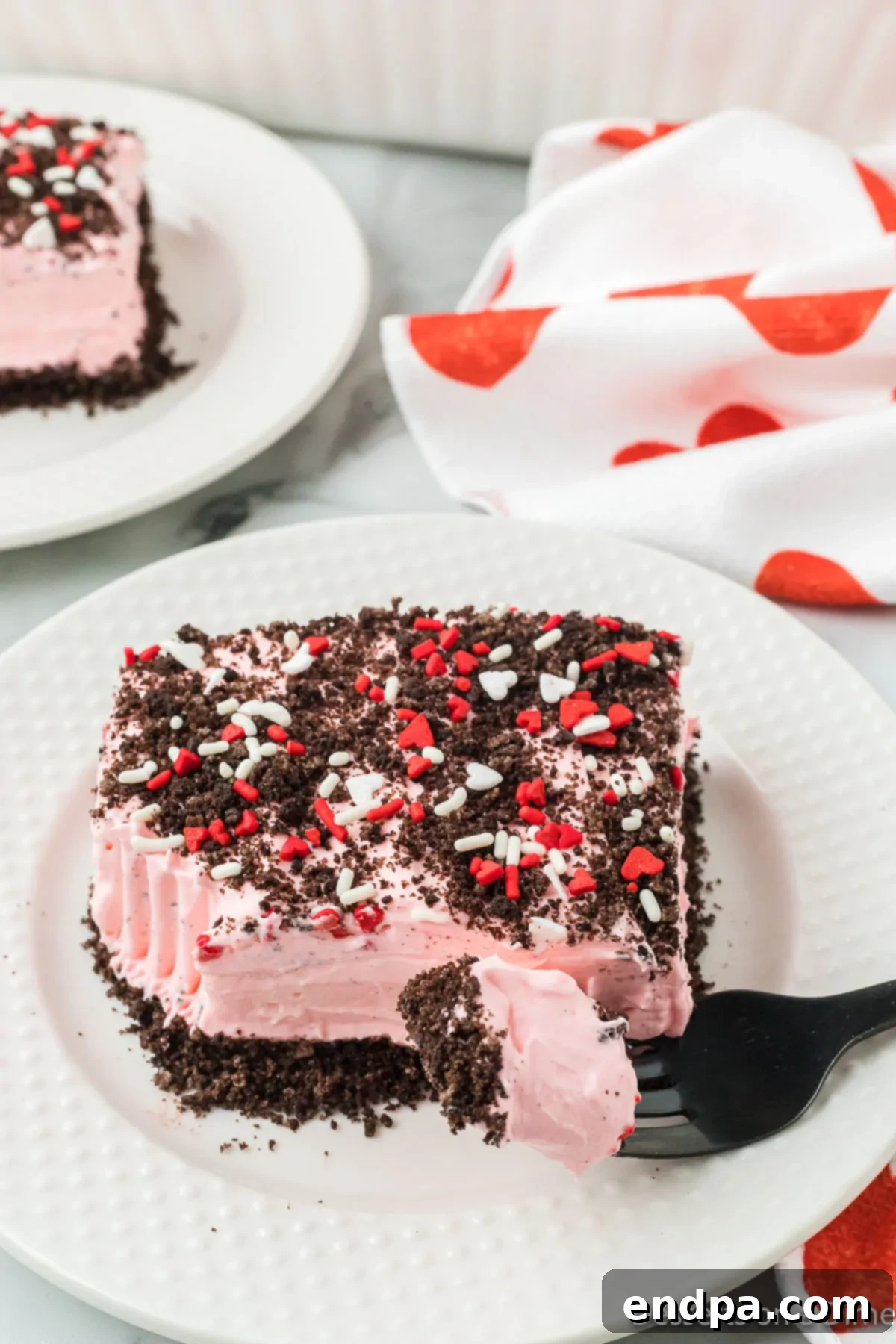 Valentine's Day Dirt Cake served on a plate.