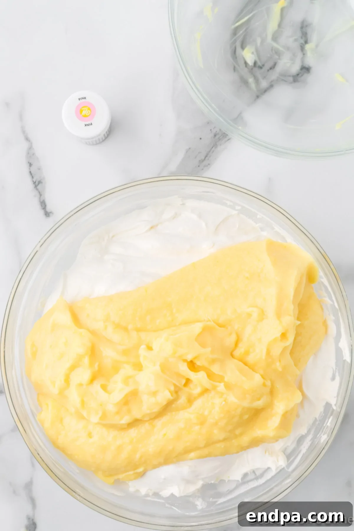 Pudding mixture combined with cream cheese mixture.