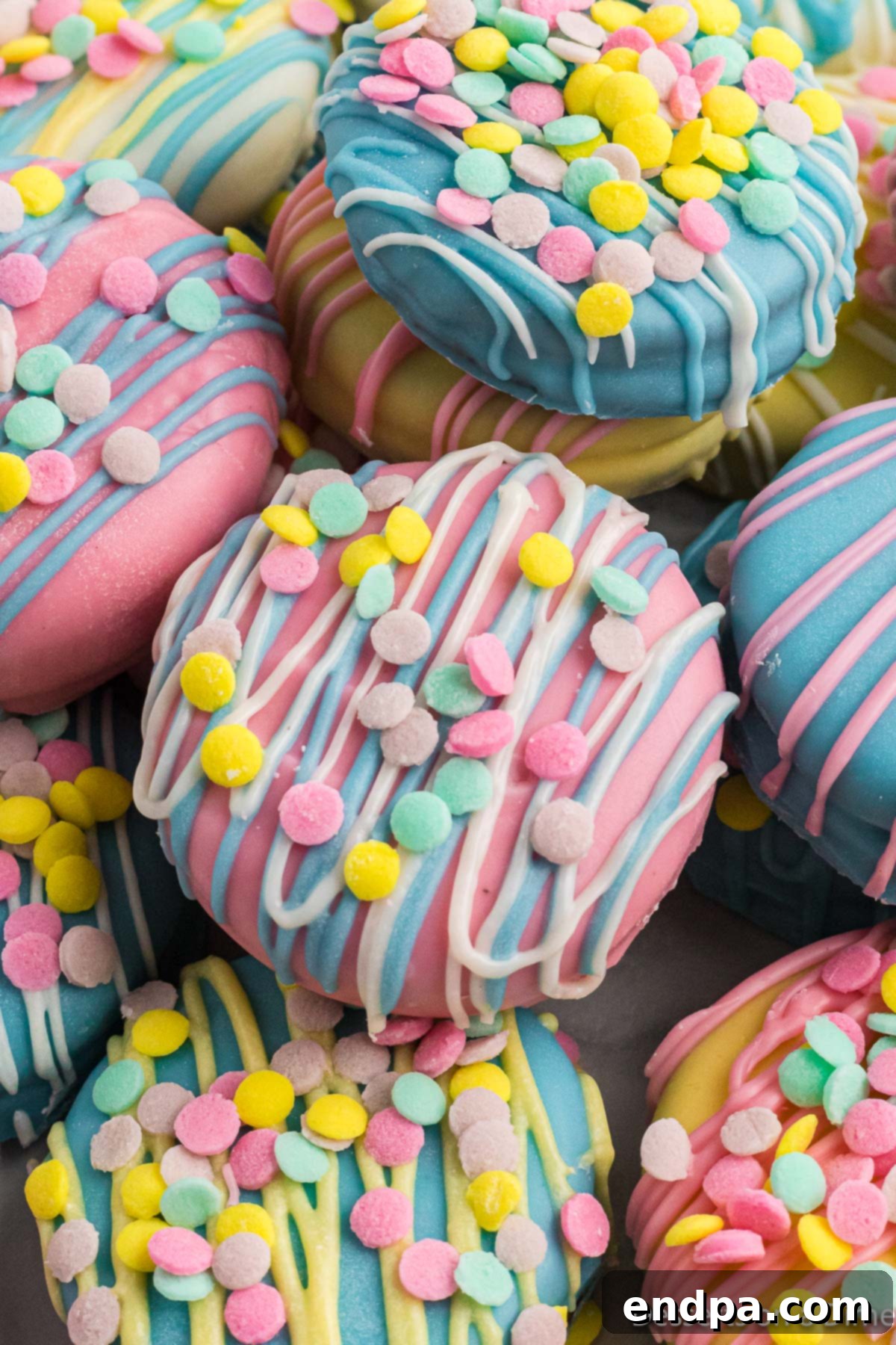A pile of colorful Easter Oreo Cookies, showcasing the various pastel dips and sprinkles.