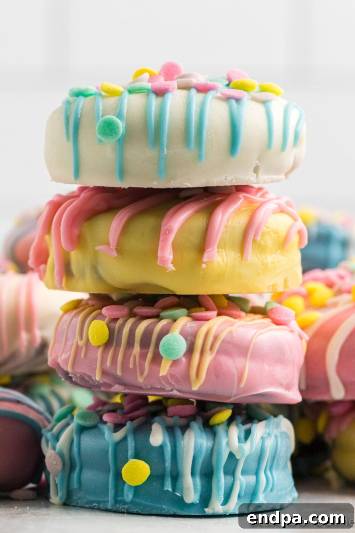 Stack of colorful Easter Oreo Cookies, showcasing the intricate decorations and inviting pastel colors.