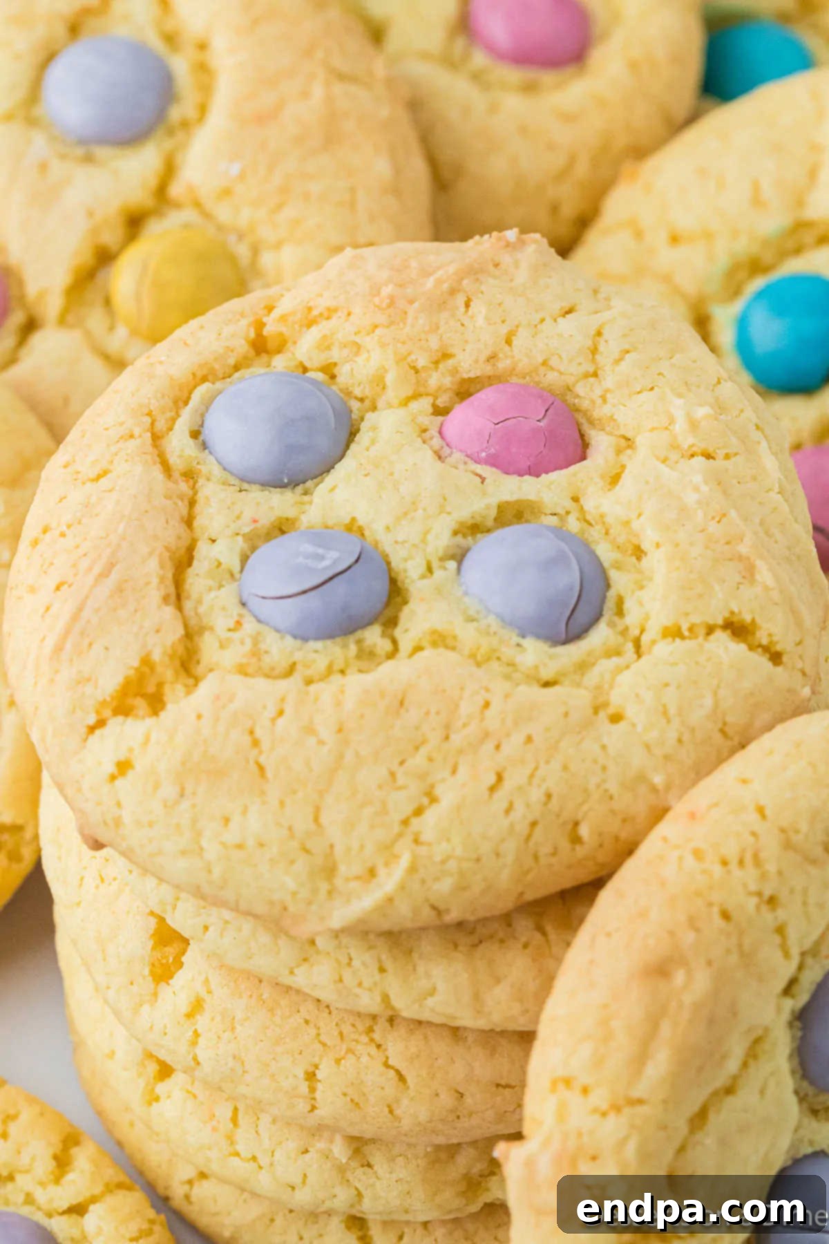 Stack of freshly baked Easter Cake Mix Cookies with pastel M&M's.