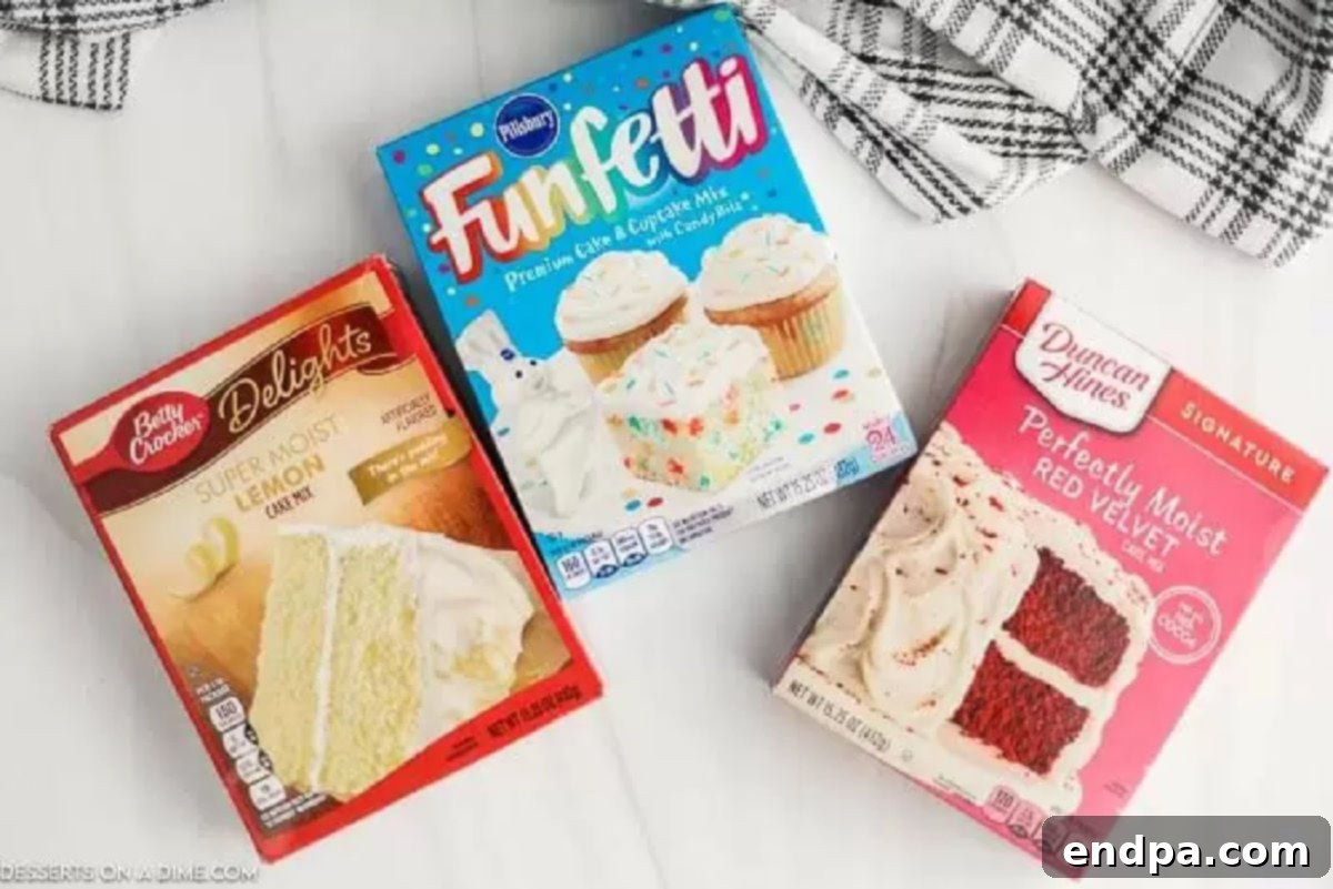 How Long Does Cake Mix Last 3 A collection of various cake mix boxes from different brands and flavors, showcasing the diverse options available.