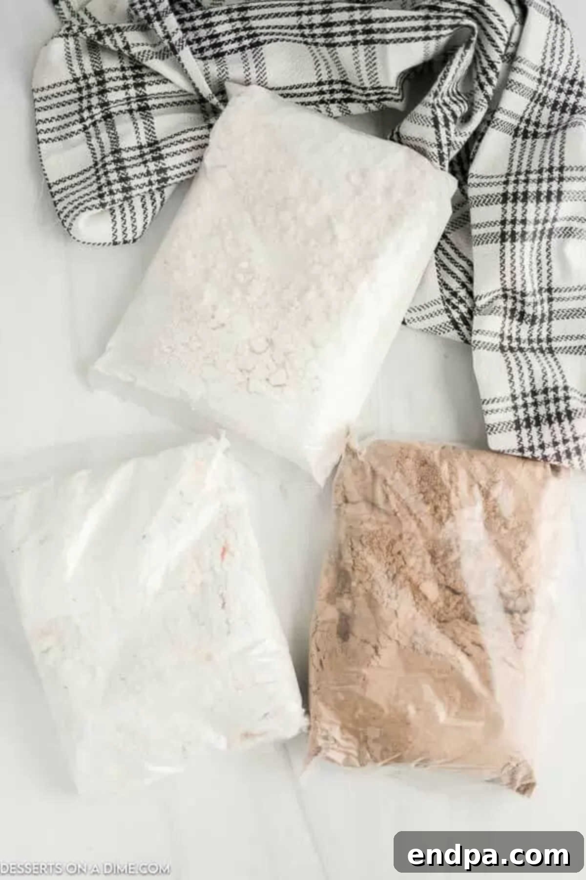 How Long Does Cake Mix Last 4 Different types of cake mix in bags, neatly arranged for organized pantry storage.