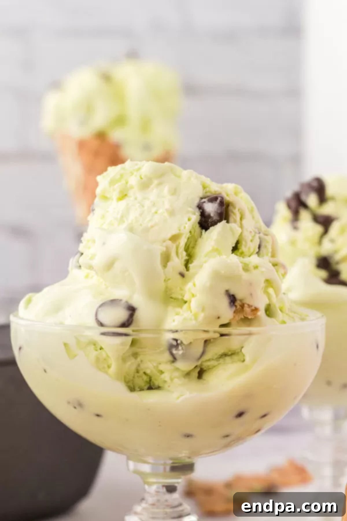 Mint chocolate chip ice cream in a bowl, showcasing its vibrant green color and chocolate flecks.