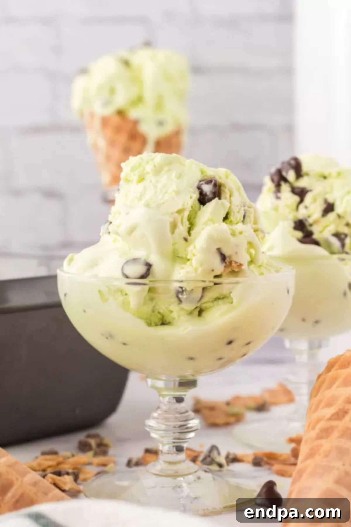 Scoops of mint chocolate chip ice cream in a bowl, ready to eat.