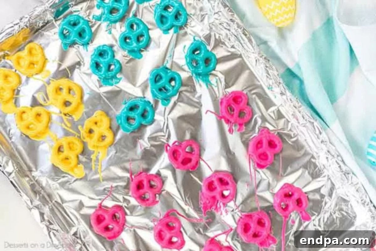 Easter Chocolate Covered Pretzels on a baking sheet