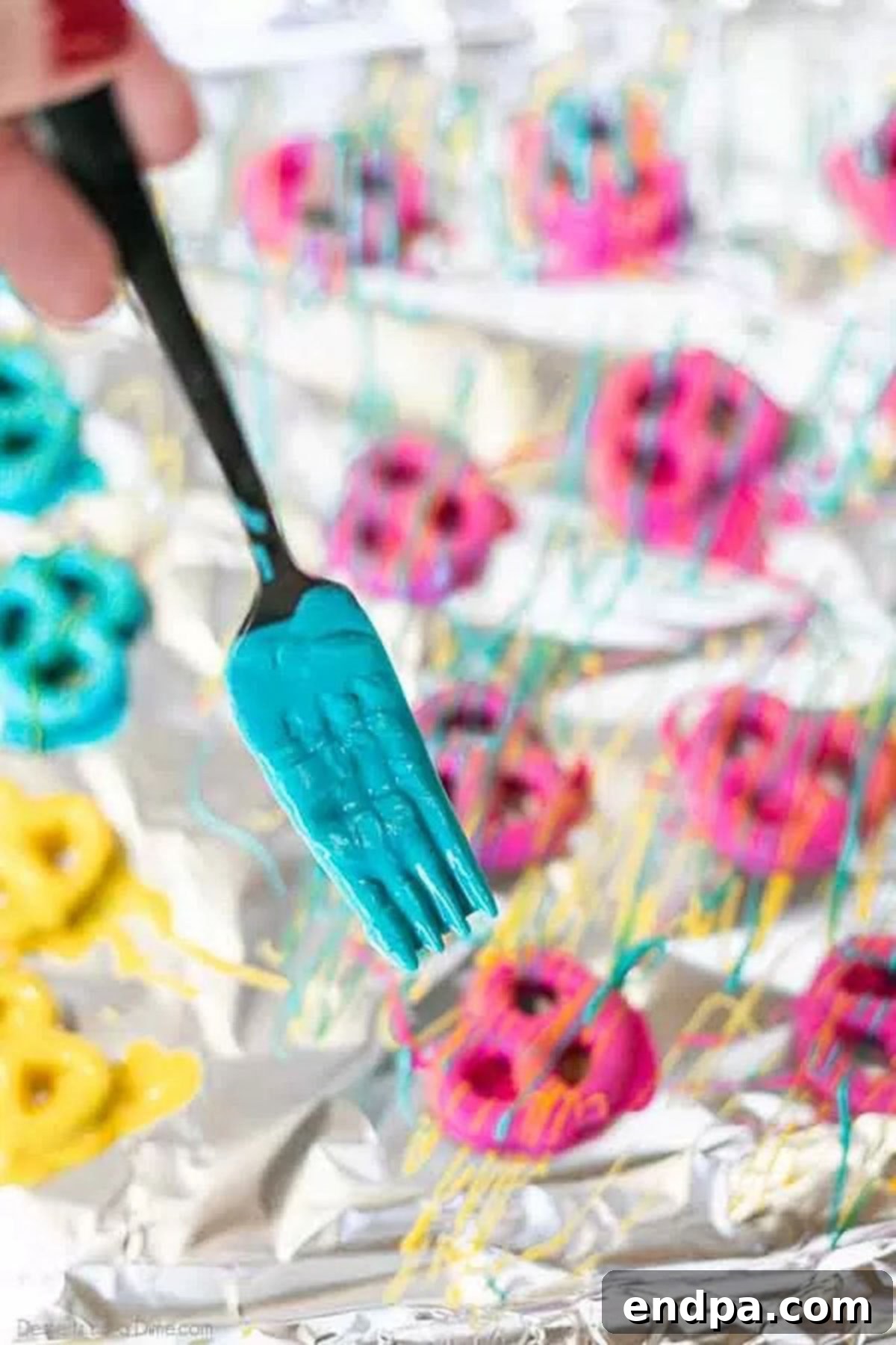 Easter Chocolate Covered Pretzels on a baking sheet being drizzled with chocolate with a fork