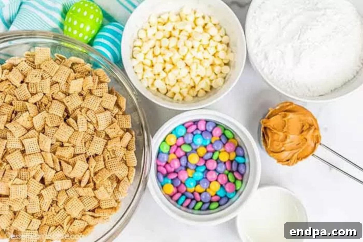 Ingredients for Easter Bunny Chow: Chex cereal, creamy peanut butter, white chocolate chips, vegetable oil, powdered sugar, and pastel M&M's.