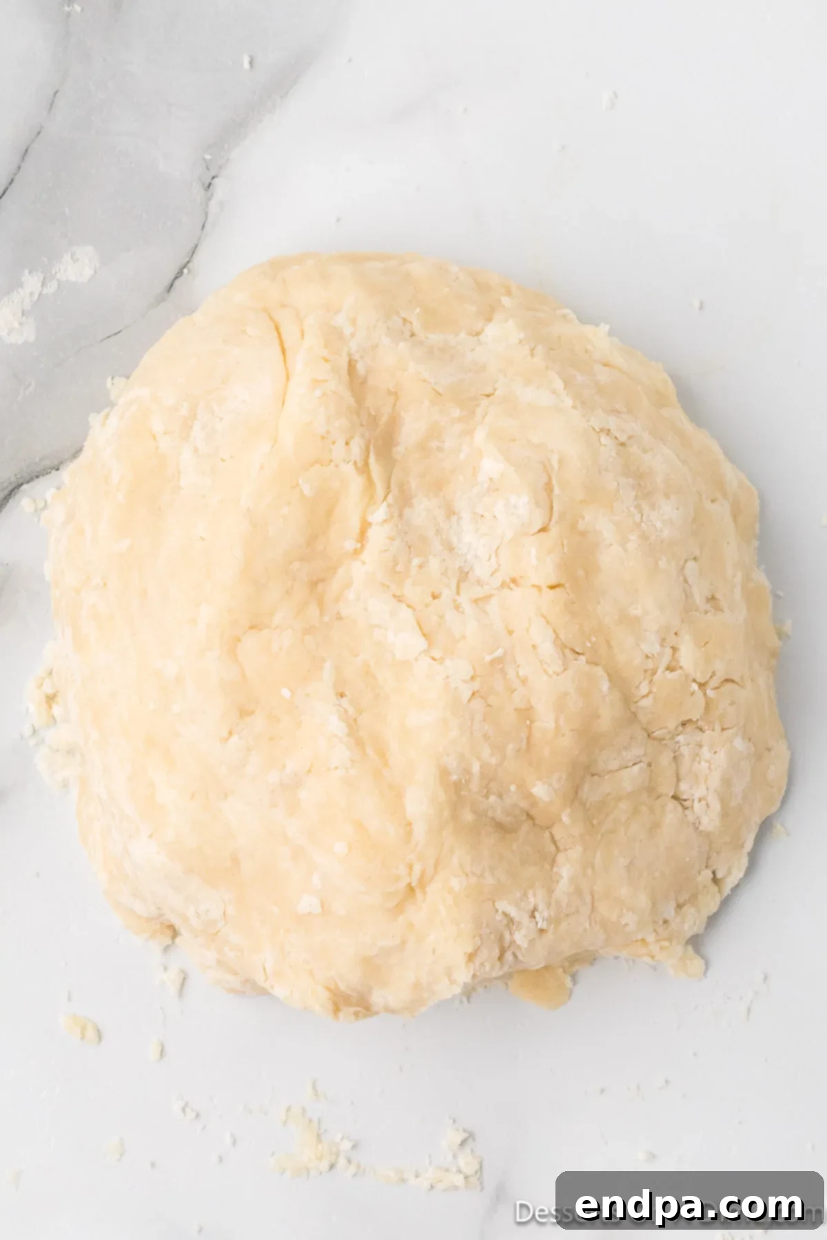 The newly formed pie dough shaped into a flattened ball and meticulously wrapped in plastic wrap.