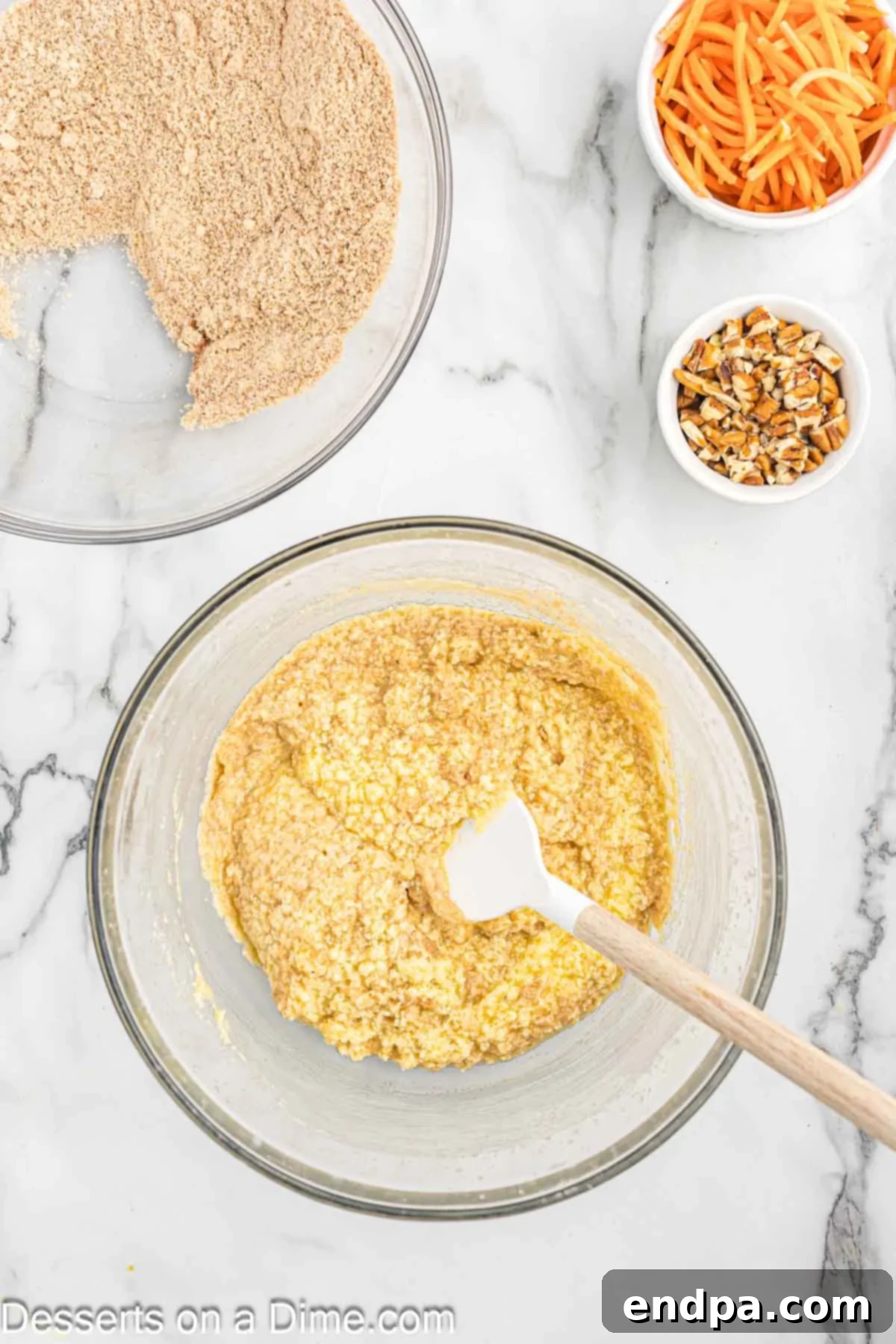 Dry ingredients including almond flour, coconut flour, baking powder, cinnamon, nutmeg, and salt mixed in a separate bowl.
