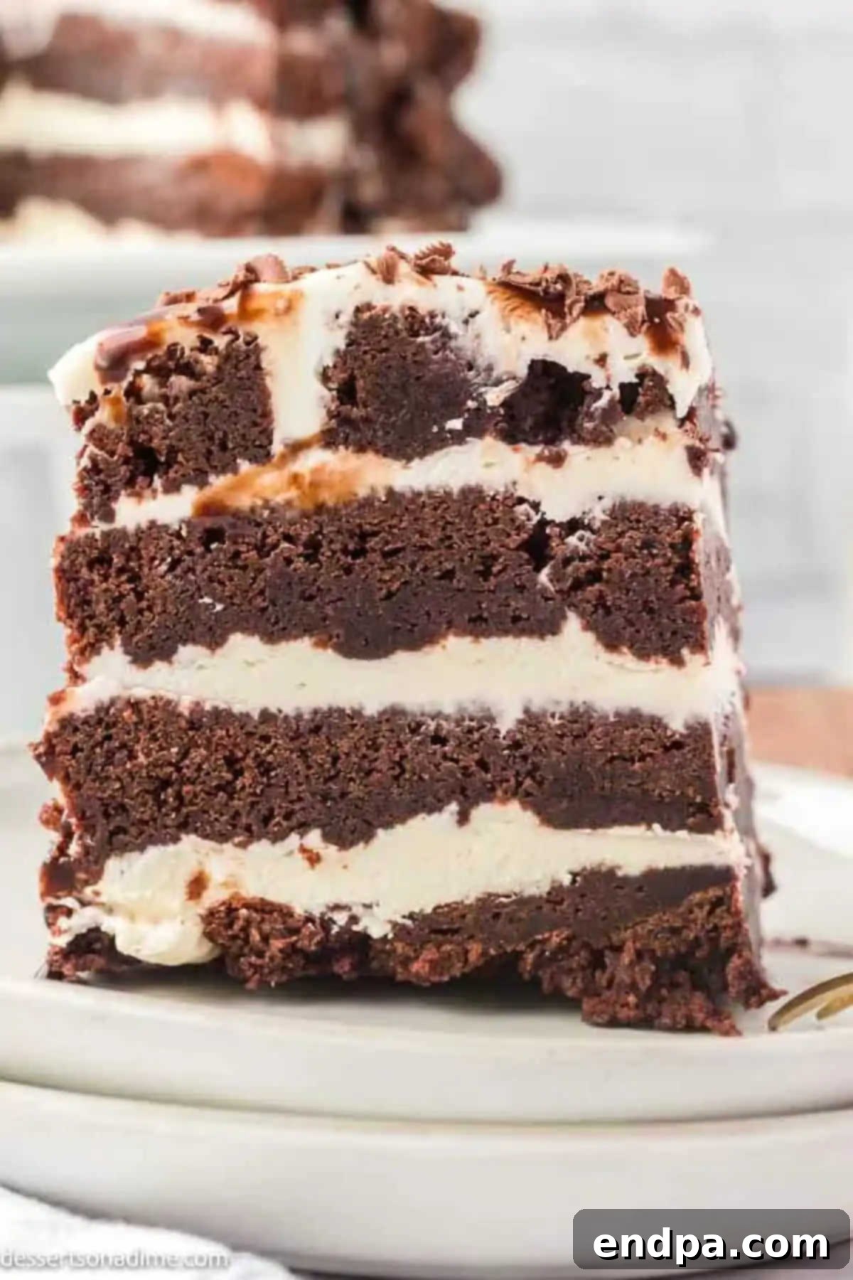 Chocolate brownie lasagna sliced on a plate.