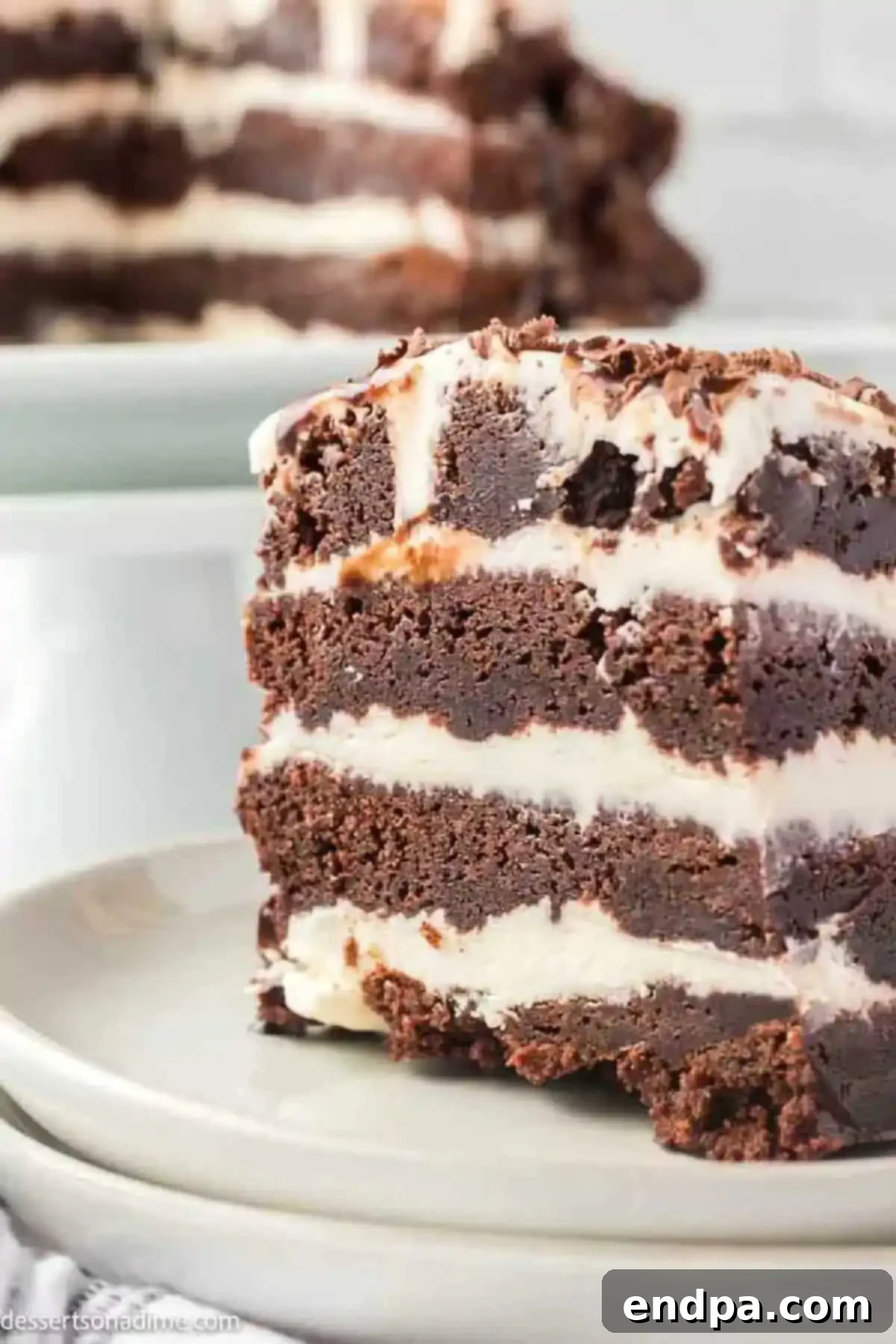 Chocolate brownie lasagna sliced on a plate.