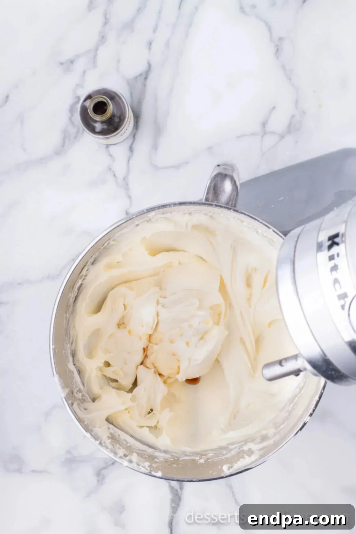 Cream cheese mixture in mixing bowl.