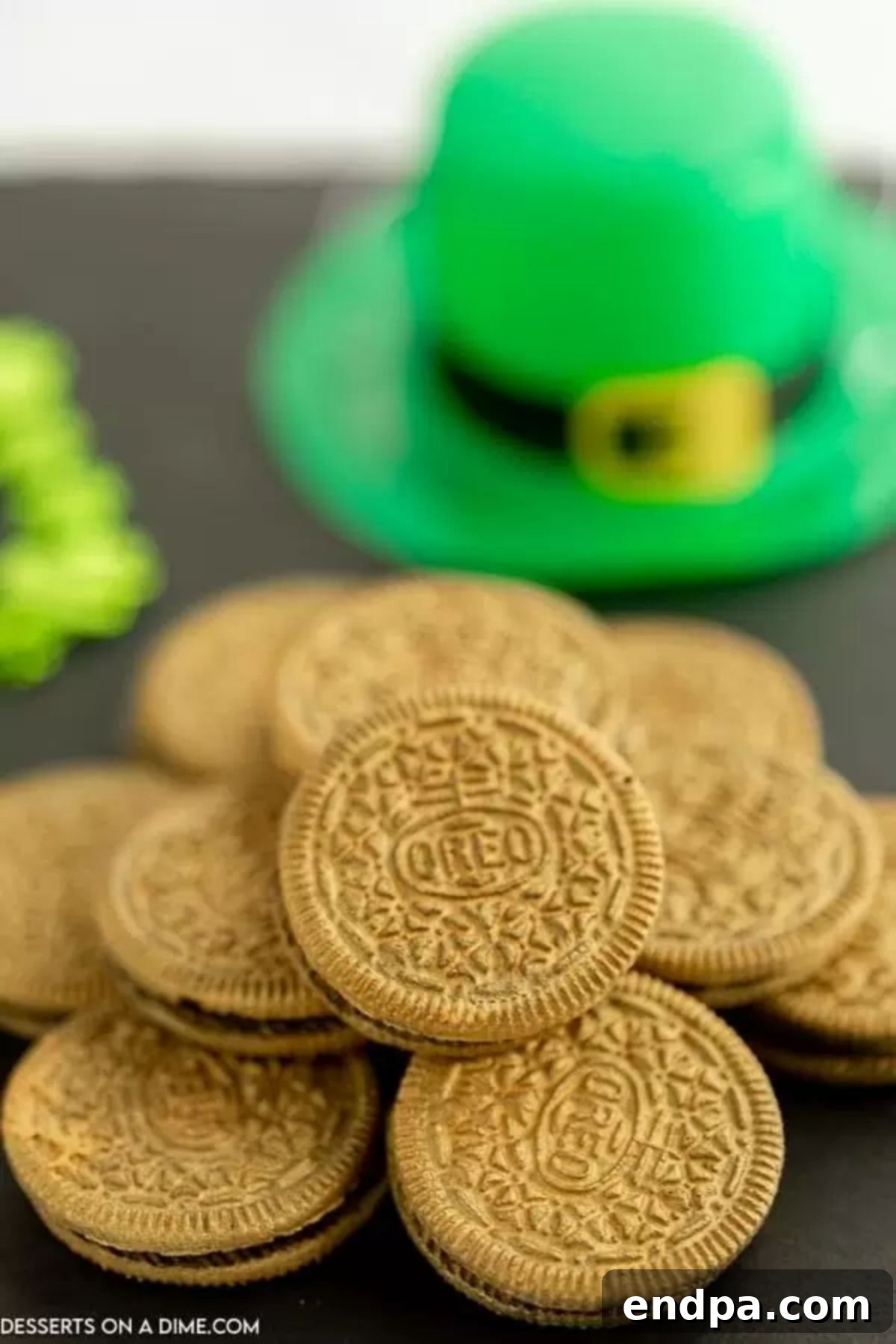 A shimmering pile of St Patrick's Day Gold Oreos, ready for a festive celebration.