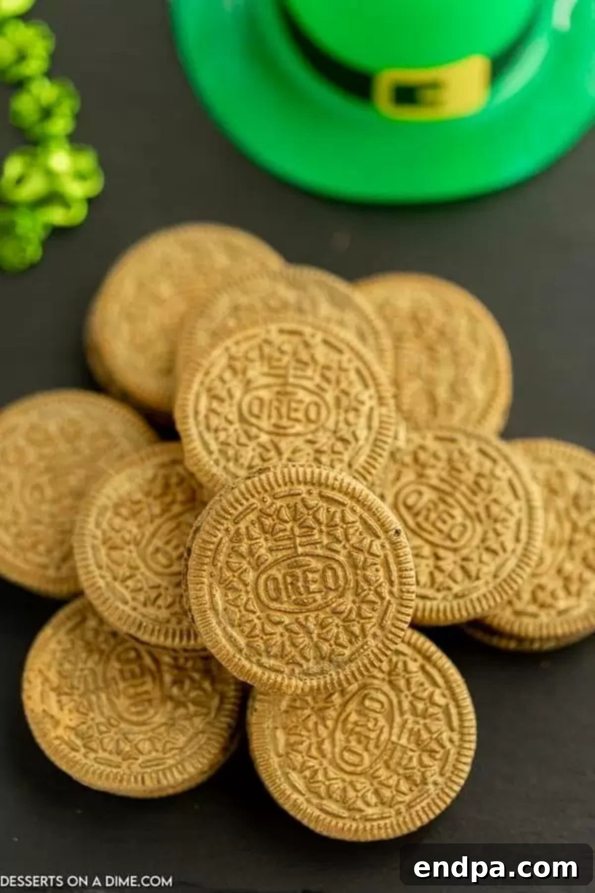 A vibrant display of St Patrick's Day Gold Oreos, glittering like real gold coins.