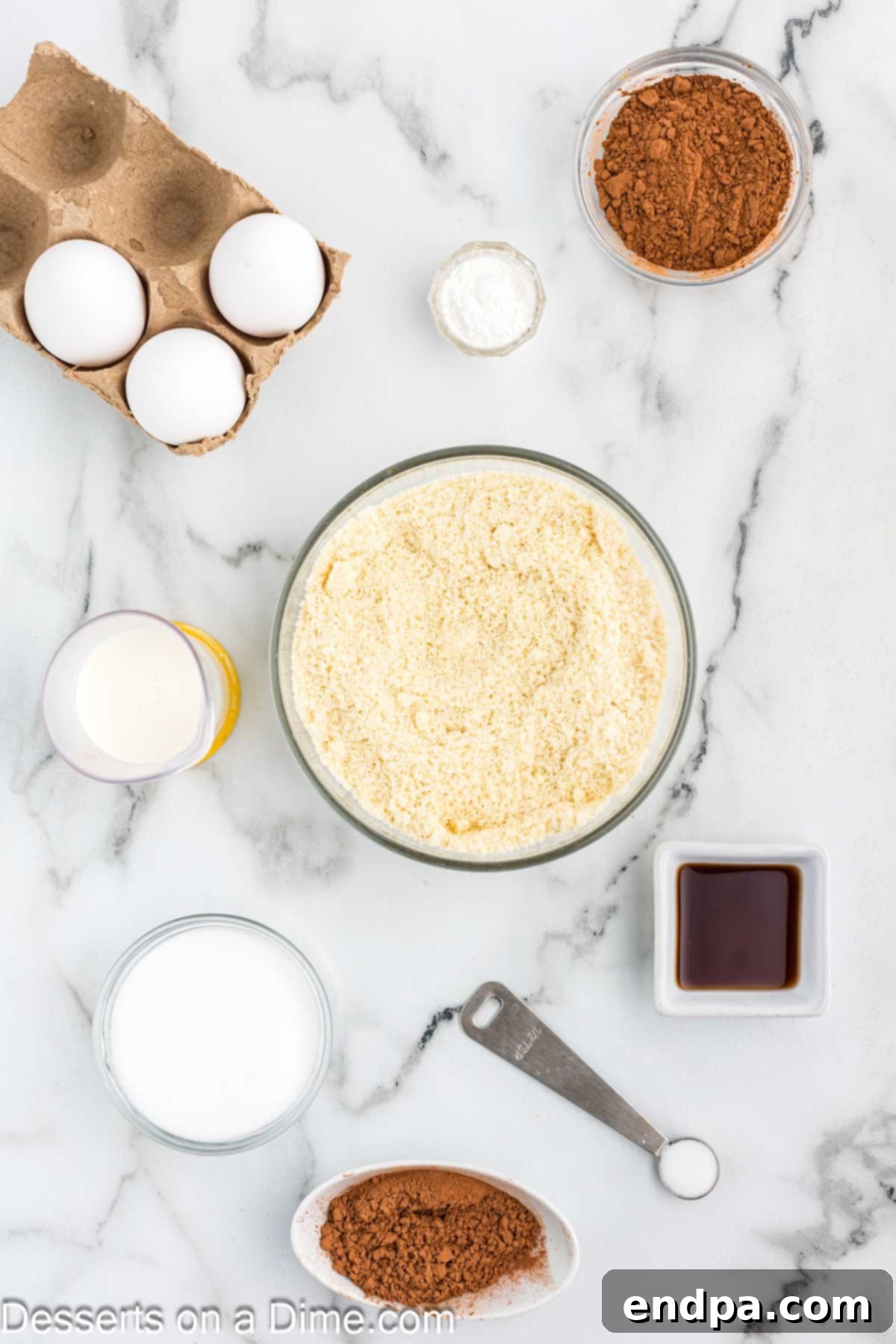 Decadent Keto Chocolate Dream 3 A selection of essential ingredients for Keto Chocolate Cake, including cocoa powder, Dutch cocoa, granulated sweetener, vanilla extract, and baking powder, carefully arranged for baking.