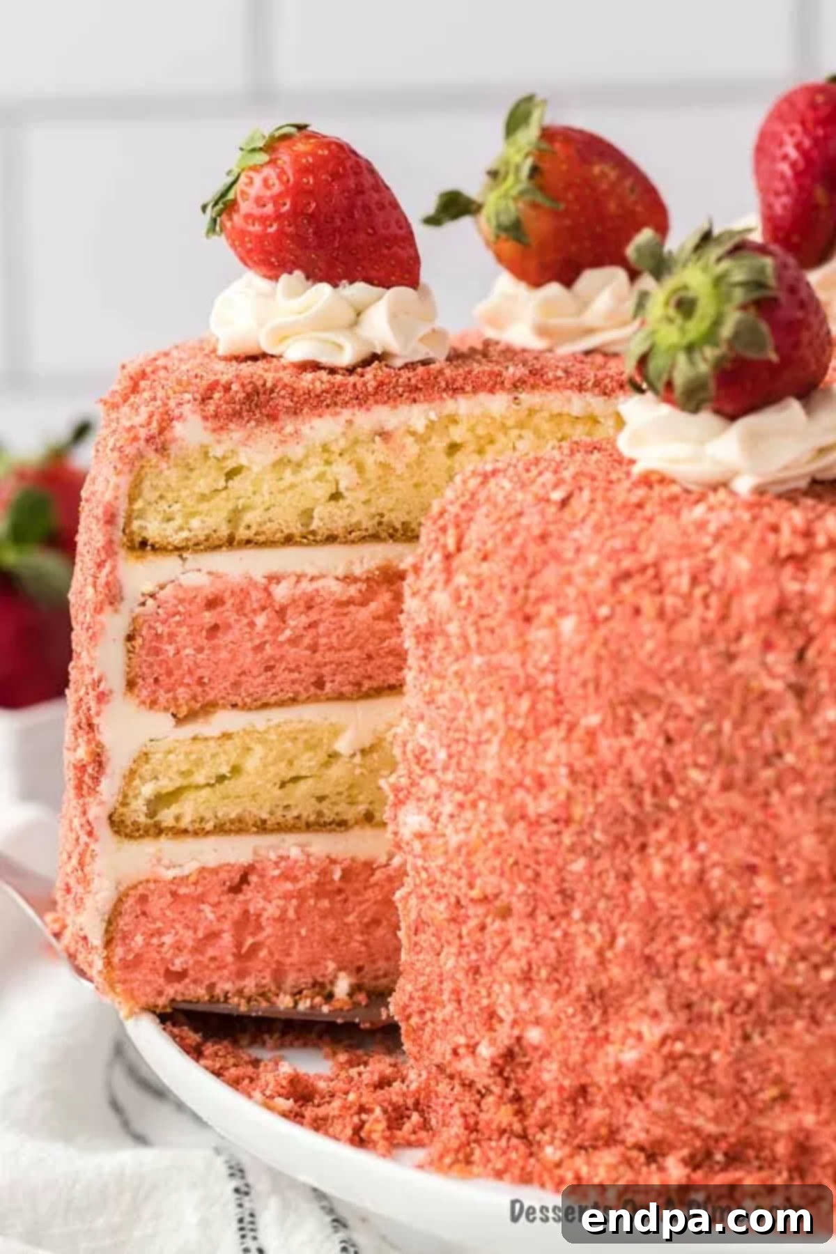 A beautifully sliced Strawberry Crunch Cake on a elegant cake stand, showcasing its vibrant layers and textured topping.