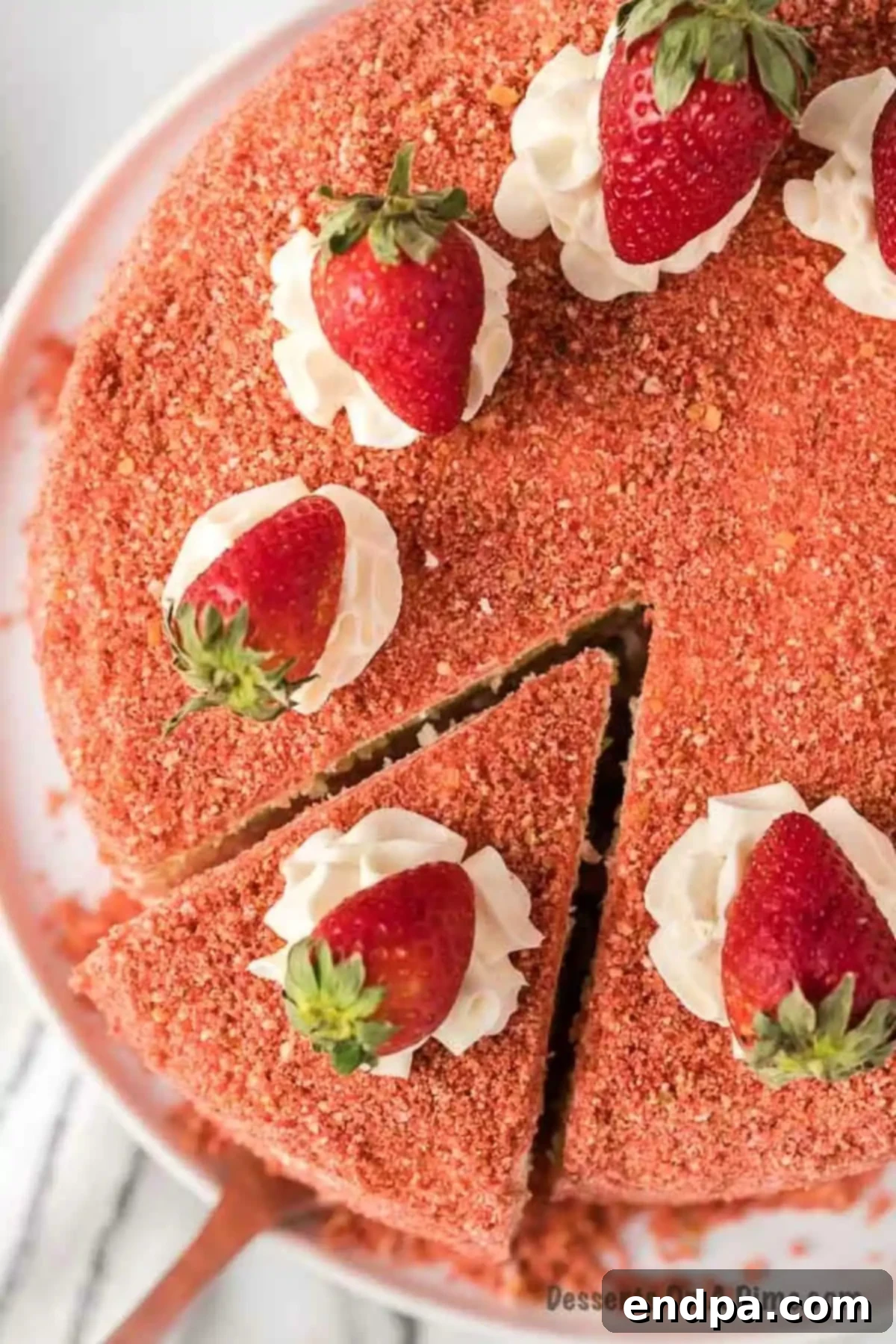 A Strawberry Crunch Cake being sliced, showing the distinct layers.