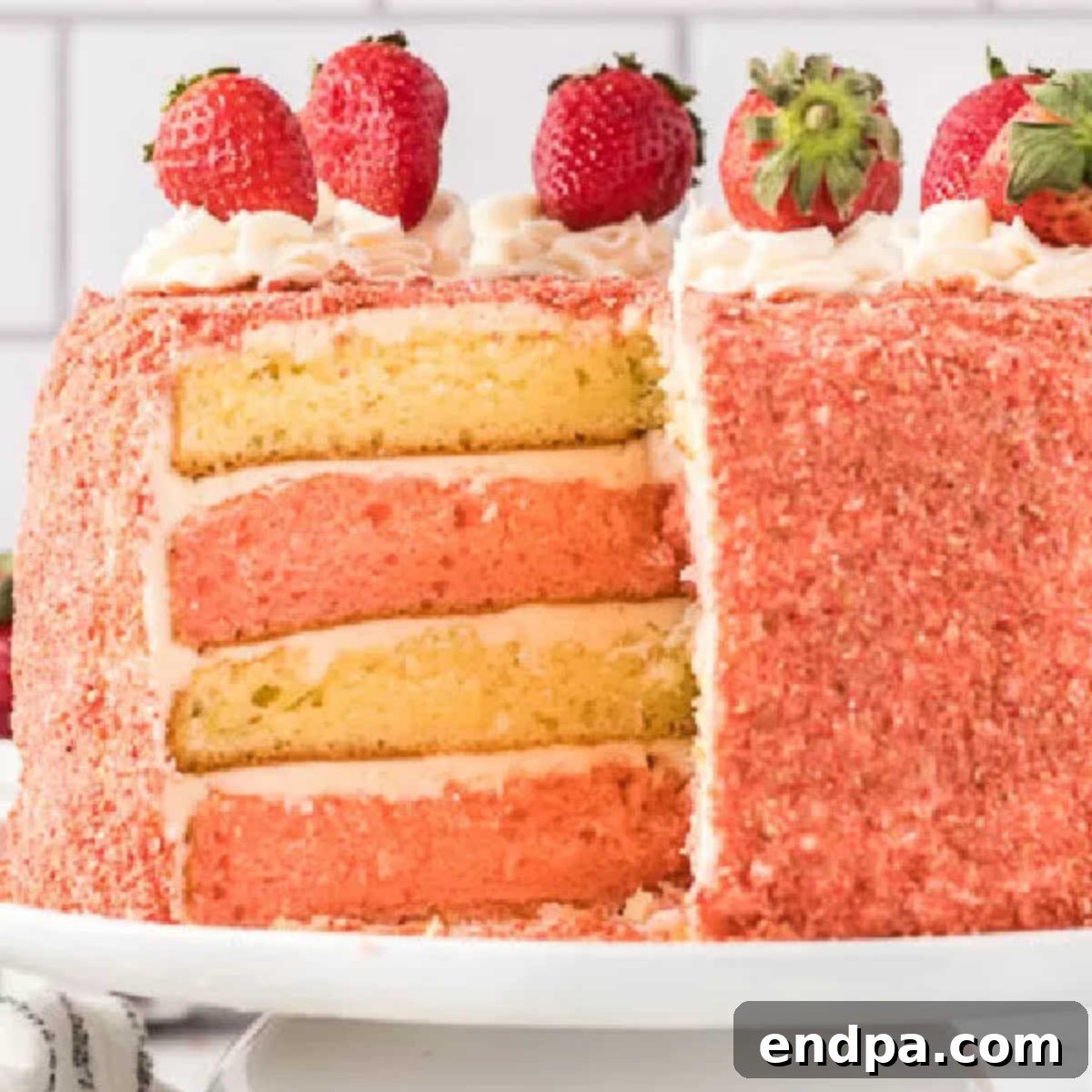 Finished Strawberry Crunch Cake, ready to be served.