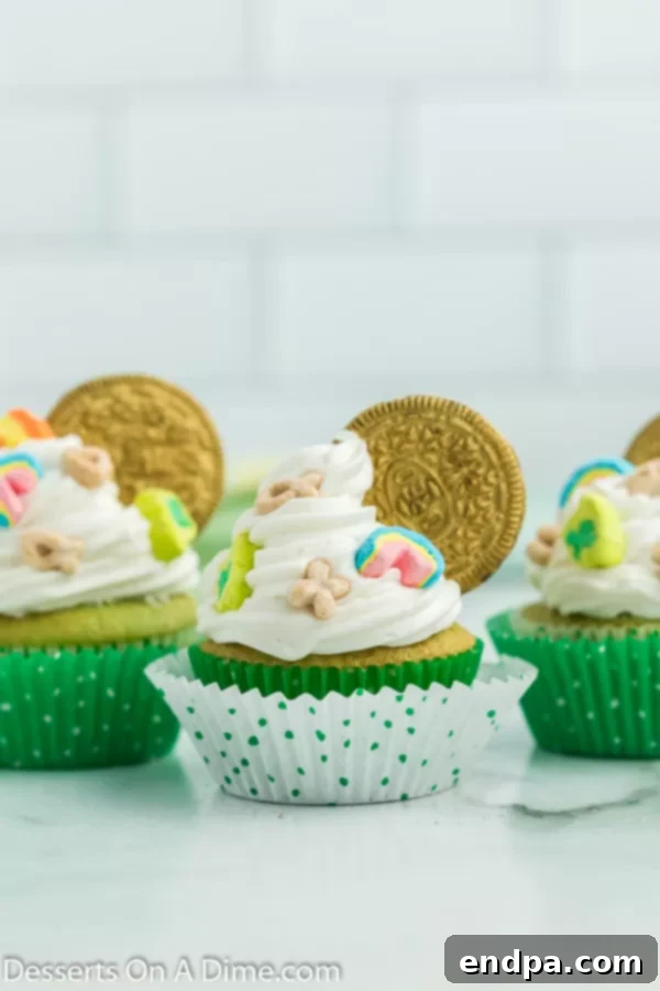 Lucky Green Cupcake Delights 9 Fully decorated St. Patrick's Day cupcakes, ready to be served and enjoyed.