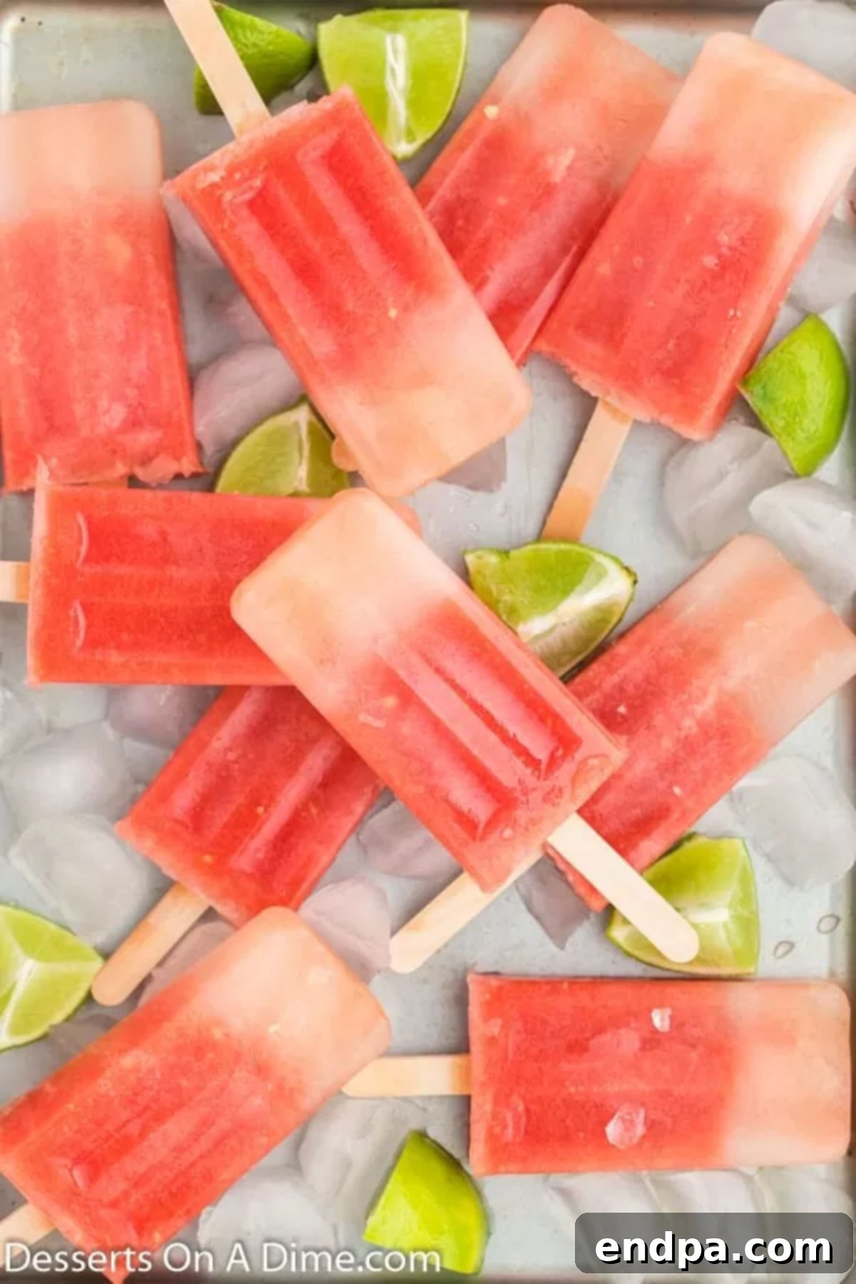 Refreshing Watermelon Ice Pops 2 Vibrant Watermelon Popsicles elegantly arranged on a bed of ice, ready to refresh on a hot day.