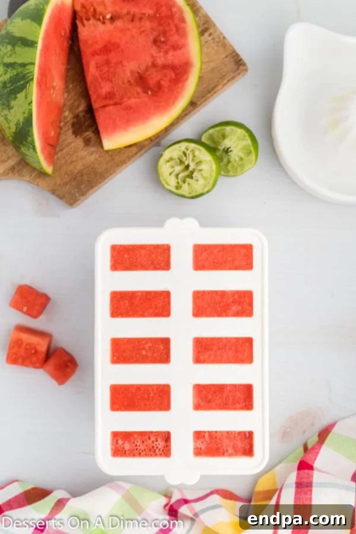 Refreshing Watermelon Ice Pops 6 Popsicle molds filled with the watermelon mixture, with sticks inserted, ready to be placed in the freezer.