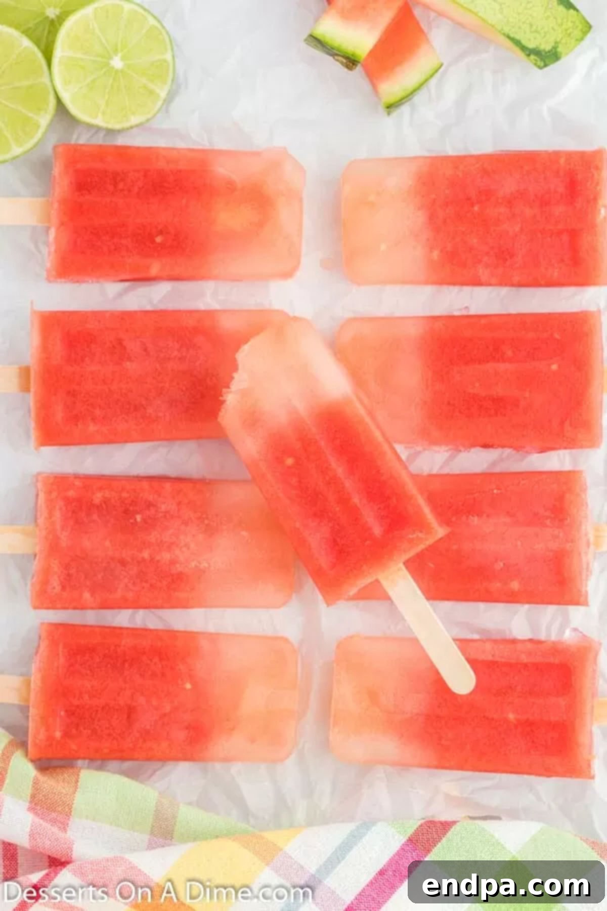 Refreshing Watermelon Ice Pops 7 A cluster of beautifully frozen watermelon popsicles, extracted from their molds and ready to be enjoyed.