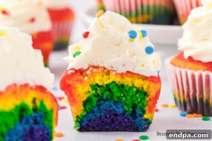 Rainbow Cupcakes cut in half revealing vibrant colored layers.