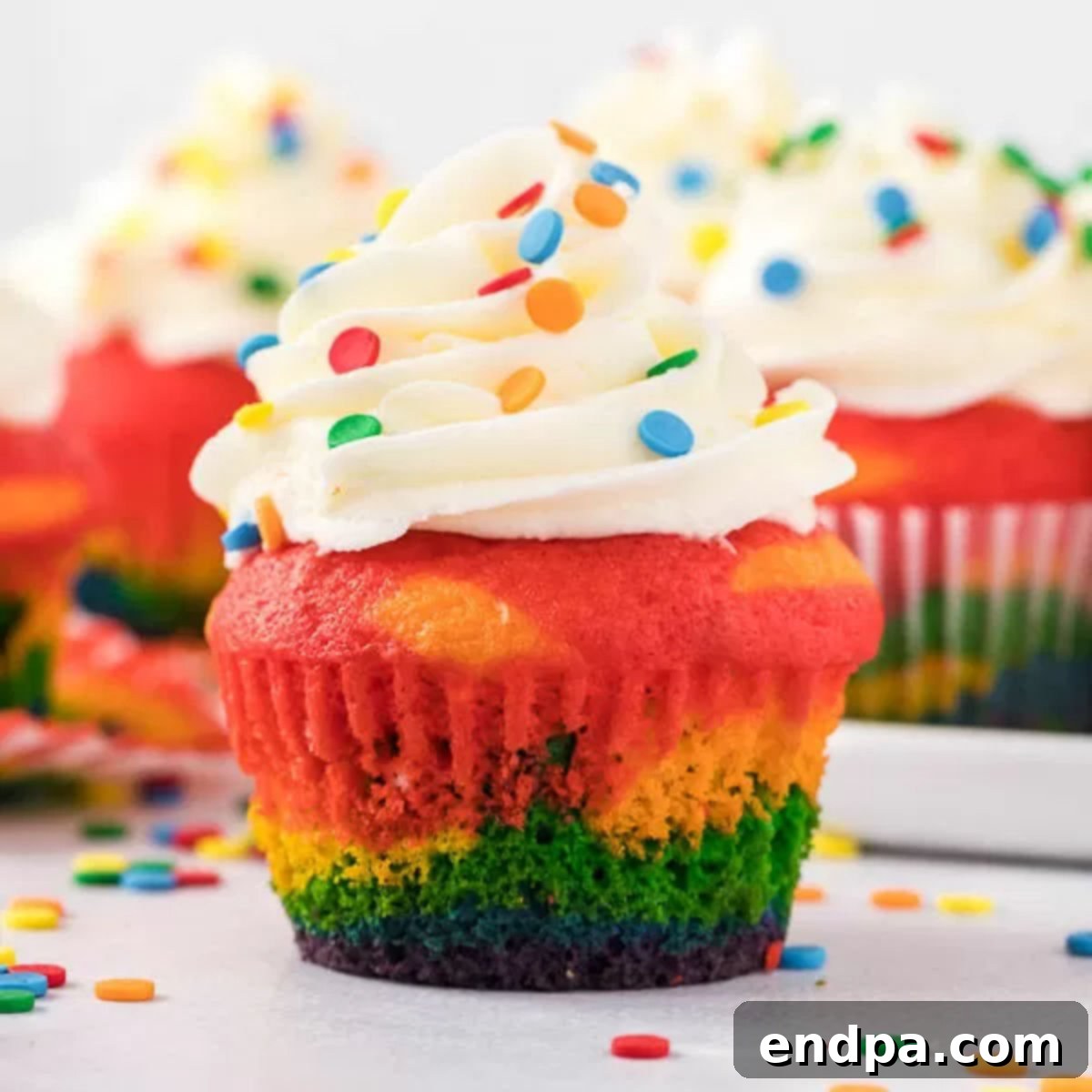 Rainbow cupcakes with rainbow sprinkles.