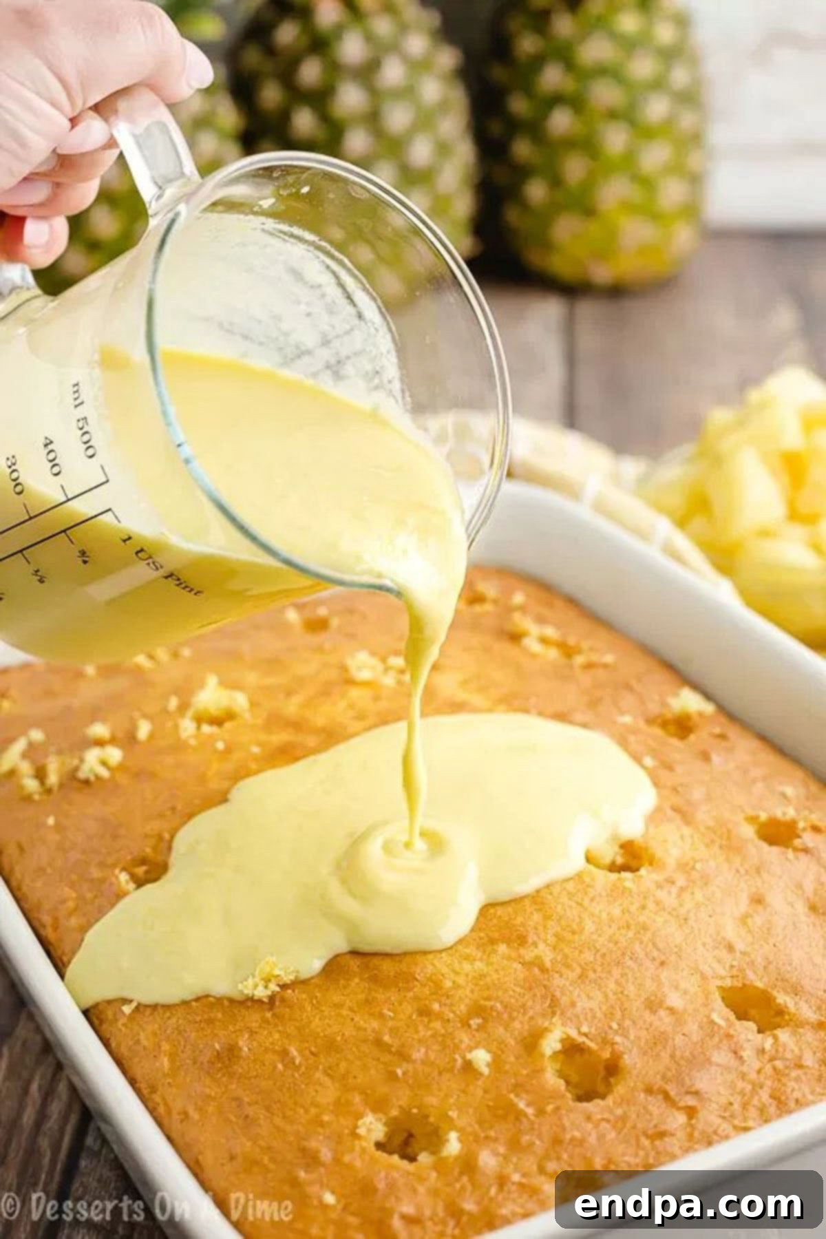 Tropical Pineapple Poke Cake 3 The smooth pudding mixture being poured over the cooled, poked cake.