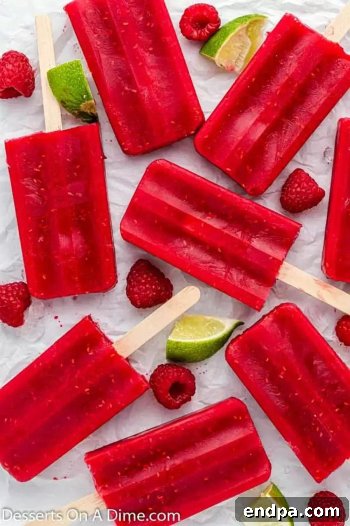 Bursting Berry Bliss: Homemade Raspberry Pops 2 Raspberry popsicles arranged on ice.