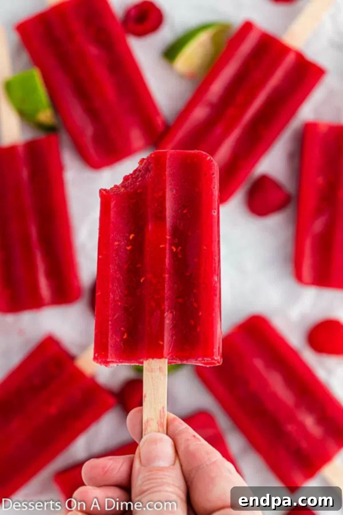 Bursting Berry Bliss: Homemade Raspberry Pops 7 Popsicles arranged on ice and one close up.